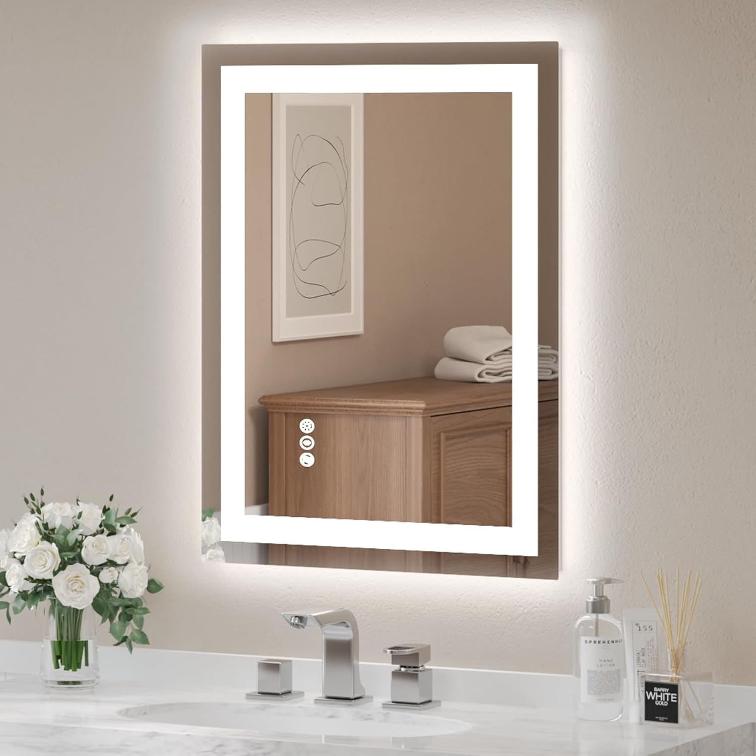 USHOWER LED Bathroom Mirror 24x32 Inch Tempered Glass - Frameless LED Backlit Lighted Mirror for Bathroom Vanity with