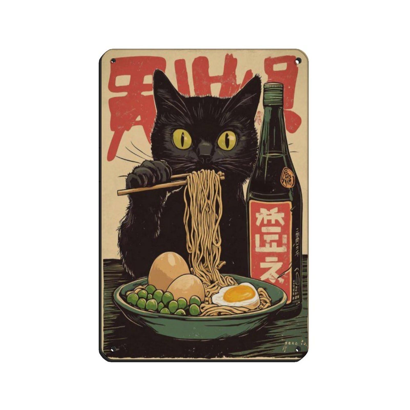 Japanese Ramen Cat Art Poster, Tin Sign Vintage Metal Pub Club Cafe Bar Home Wall Art Decoration Poster Retro 8x12inch(20x30cm)