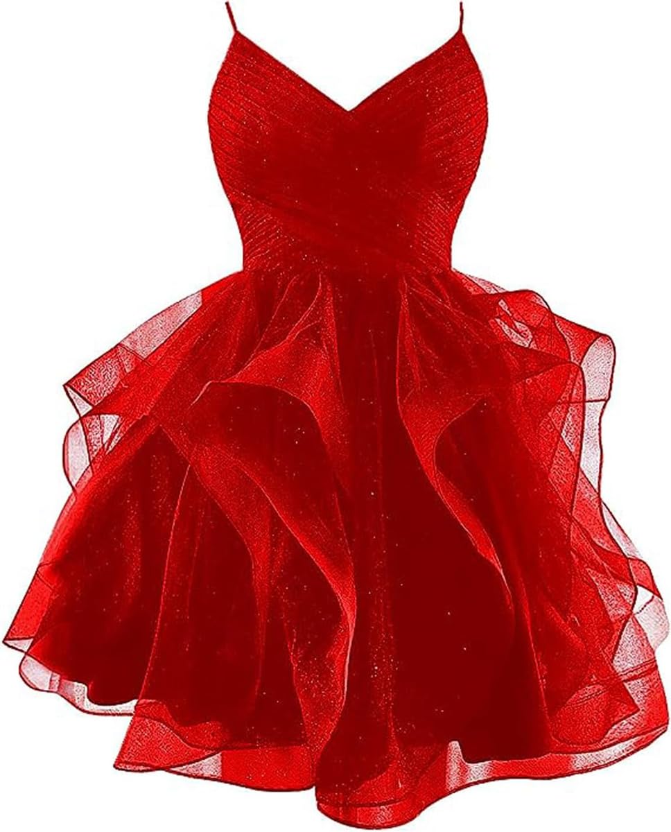 WSEYU Glitter Tulle Spaghetti Straps Short Homecoming Dresses for Teens Tiered Mini Cocktail Dresses Red UK12