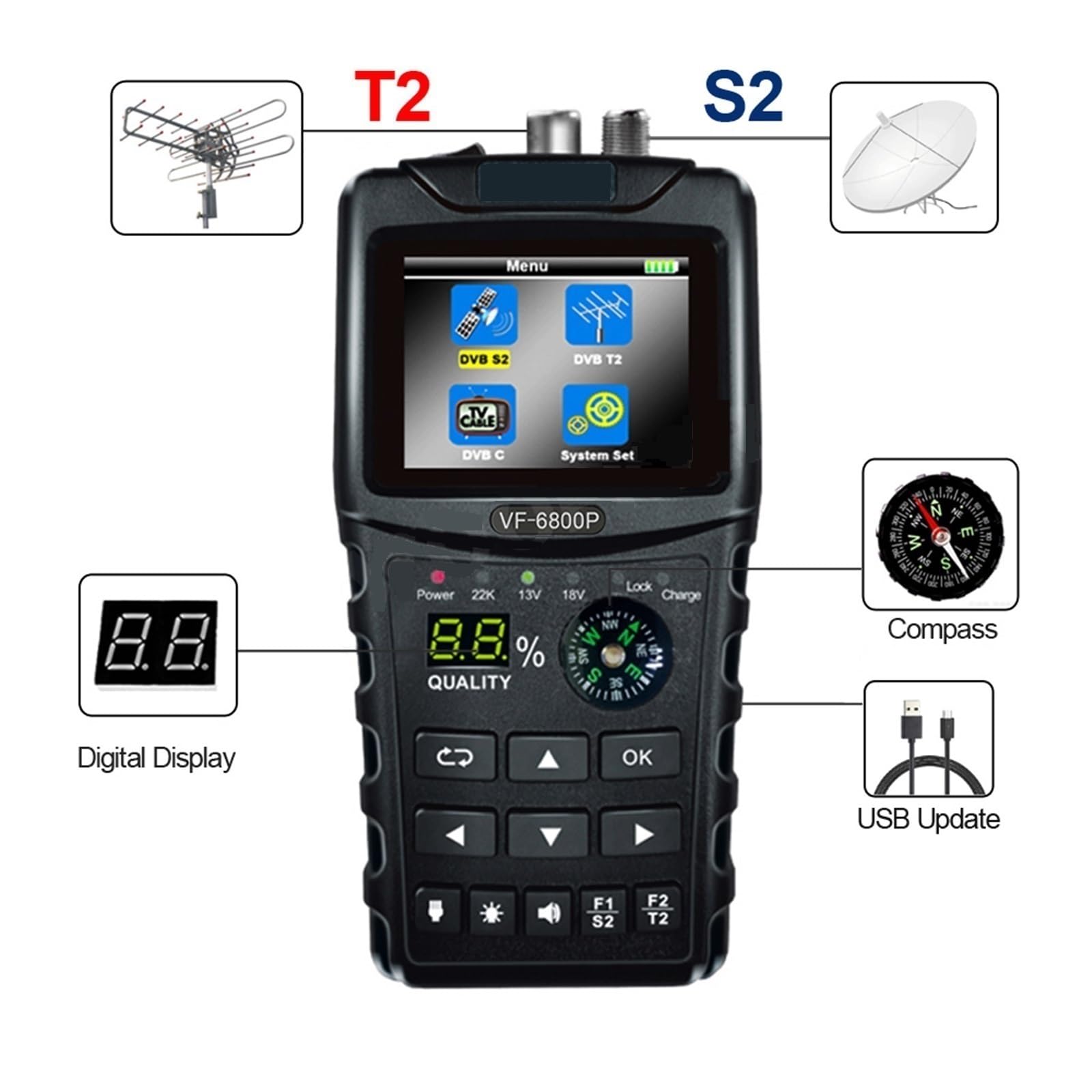 Buscador De Satélite DVB-T2 DVB-S2 DVB-C MPEG4 Digital Sat Finder Meter 2,4 Pulgadas LCD HD For Sintonizador TV DeteccióN Precisa