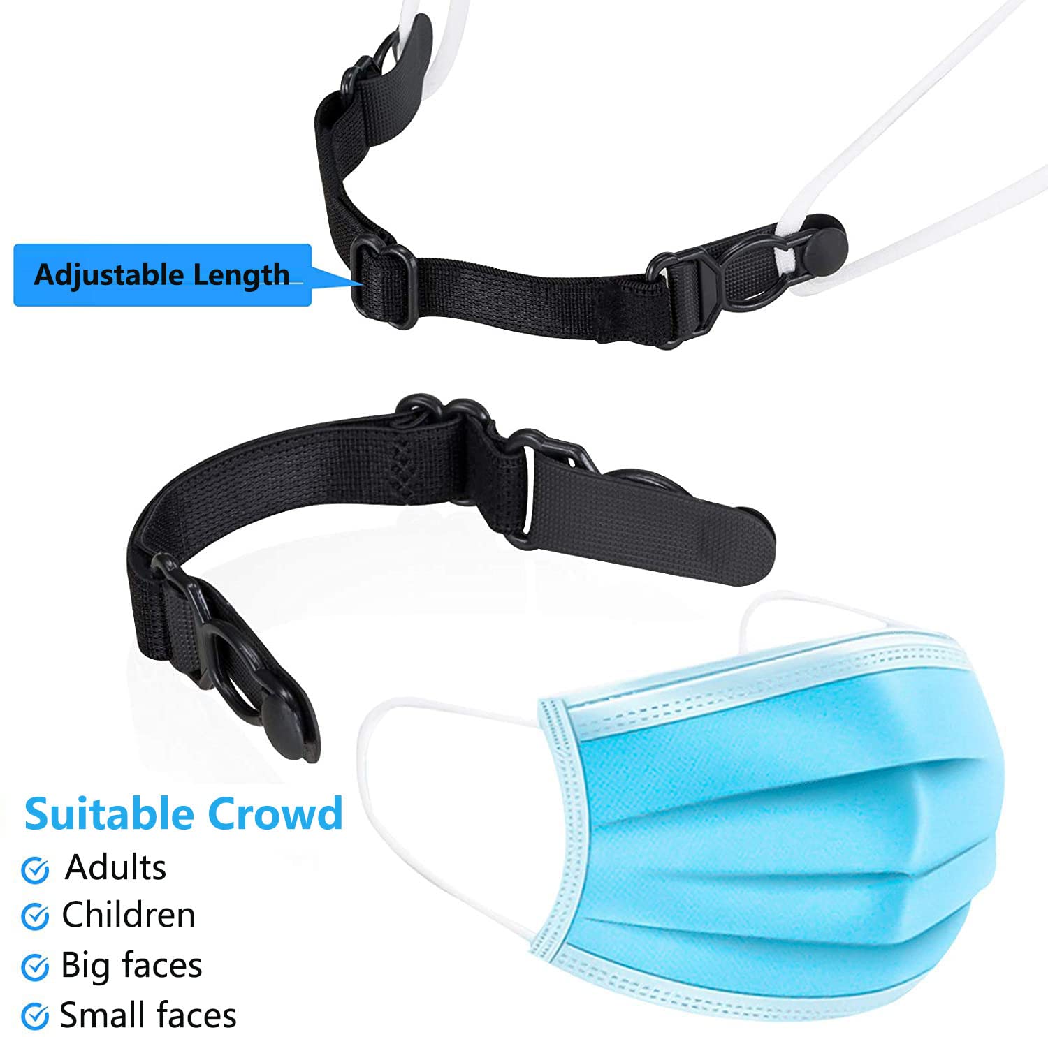 5pcs Salvaoreja para Mascarilla, Sujeta Mascarilla Salvaoreja Ajustable de Gancho elastico de Extensión, Extensor Mascarillas Orejas para Niños y Adultos (Negro)