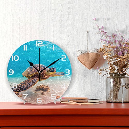 Welllee Hawaiian Green Sea Turtle Under Ocean Clock Painted Silent Non-Ticking Round Wall Clock Home Art Bedroom Living Dorm Room Decor #TOP1