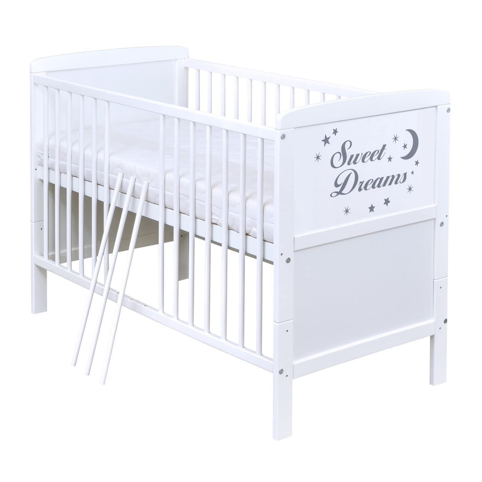 Generisch Baby Delux Babybett 70x140 Kinderbett umbaubar zum Juniorbett weiß 140x70 mit Aloe Vera Komfort Matratze und Beißschienen (Sweet Dreams)