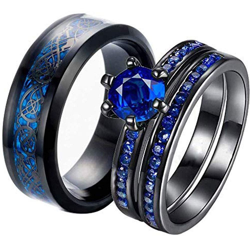 AONEW Couple Rings Round Blue Cz Womens Wedding Ring Sets Black Gold Plated Solitaire Engagement sets & Stainless Steel Men Wedding Band【Buy Two Rings for One Pair】