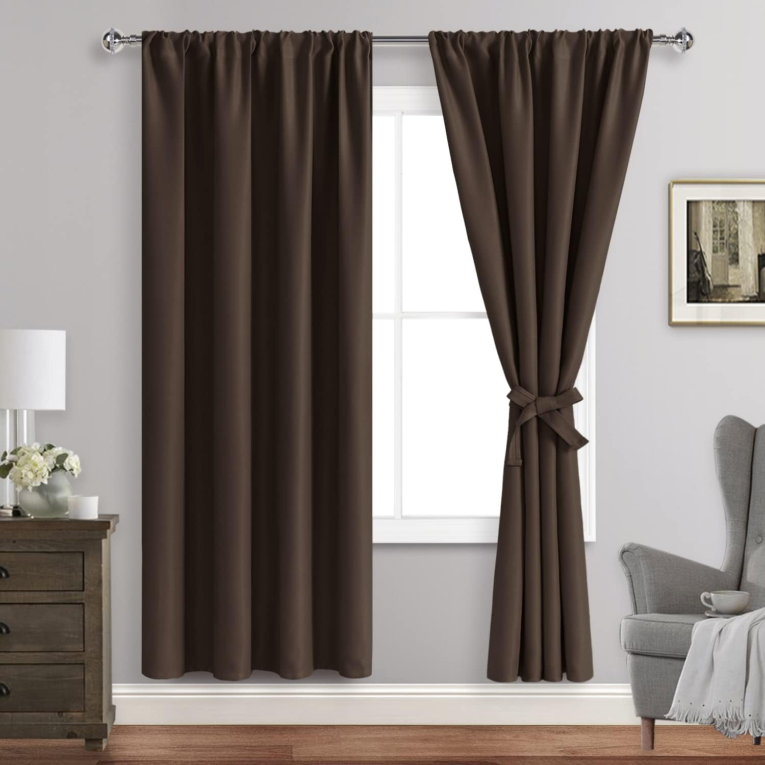 JIUZHEN Blackout Curtains for Bedroom - Curtain Drapes Set of 2 Panels with Tiebacks, Room Darkening Thermal Curtains, 42 x 72 Inches, Light Blocking Curtains for Living Room, Brown