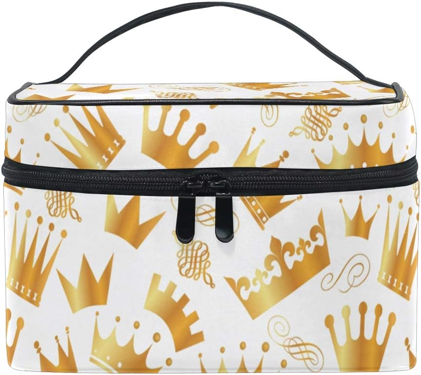 Makeup Cosmetic Bag Golden Crowns Pattern White Background Portable Travel Train Case Toiletry Bags Organizer Multifunction Storage