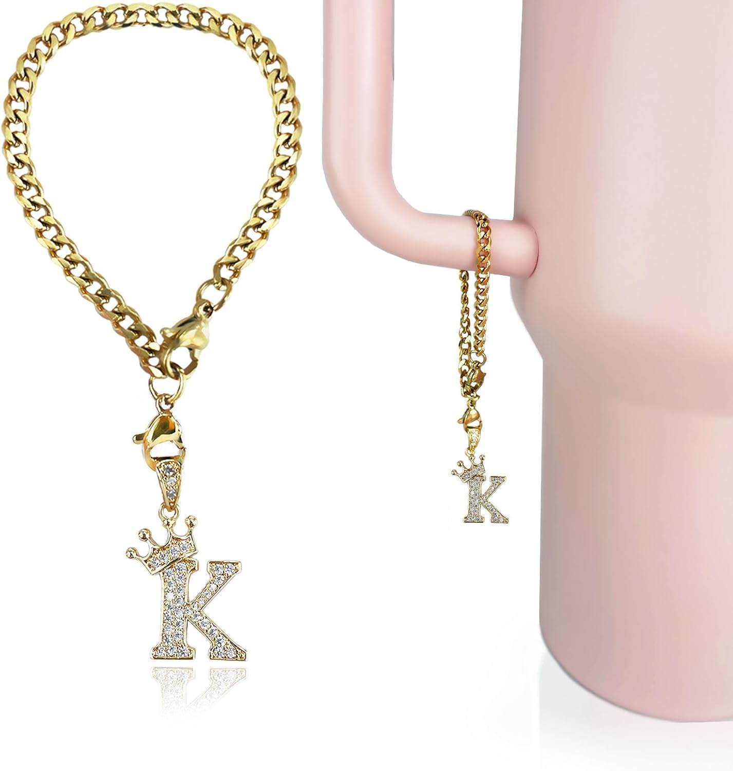 Cup Charms for Stanley Handle- Crown Letter Charms Accessories for Stanley Handle 40 Oz Tumblers Gold Initial Keychain Water Bottle Cup with Diamond Glitter Jewelry Personalized Decorations K
