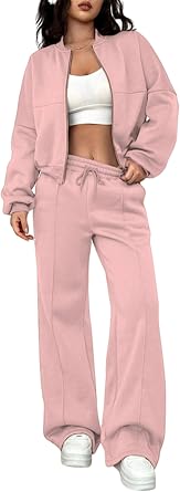 WomenS 2 Piece Outfits Sweatsuit Zip Up Long Sleeve Sweatshirt with Wide Leg Sweatpants Pink S