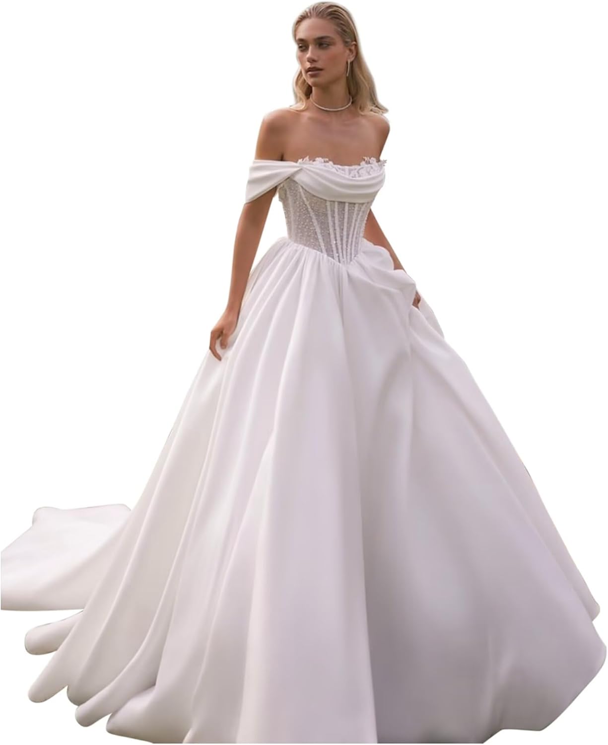 Zeeyecie Off the Shoulder Satin Wedding Dresses A-Line Beaded Lace Applique Sparkly Bridal Gowns for Brides with Train