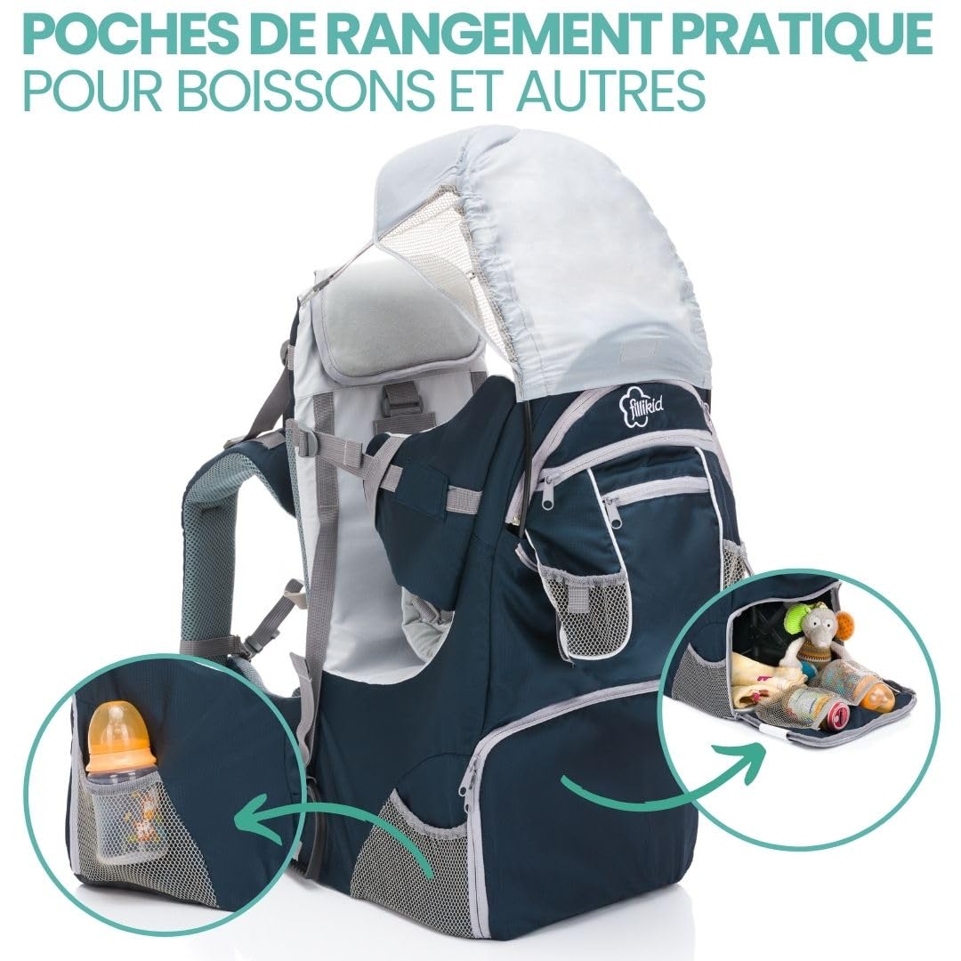Fillikid Porte-Bébé Dorsal pour Randonnée - Pare-soleil, Ceintures, Compartiments de Rangement - Sac à Dos pour Excursions avec Enfant - jusqu'à 18 kg - Bleu Gris