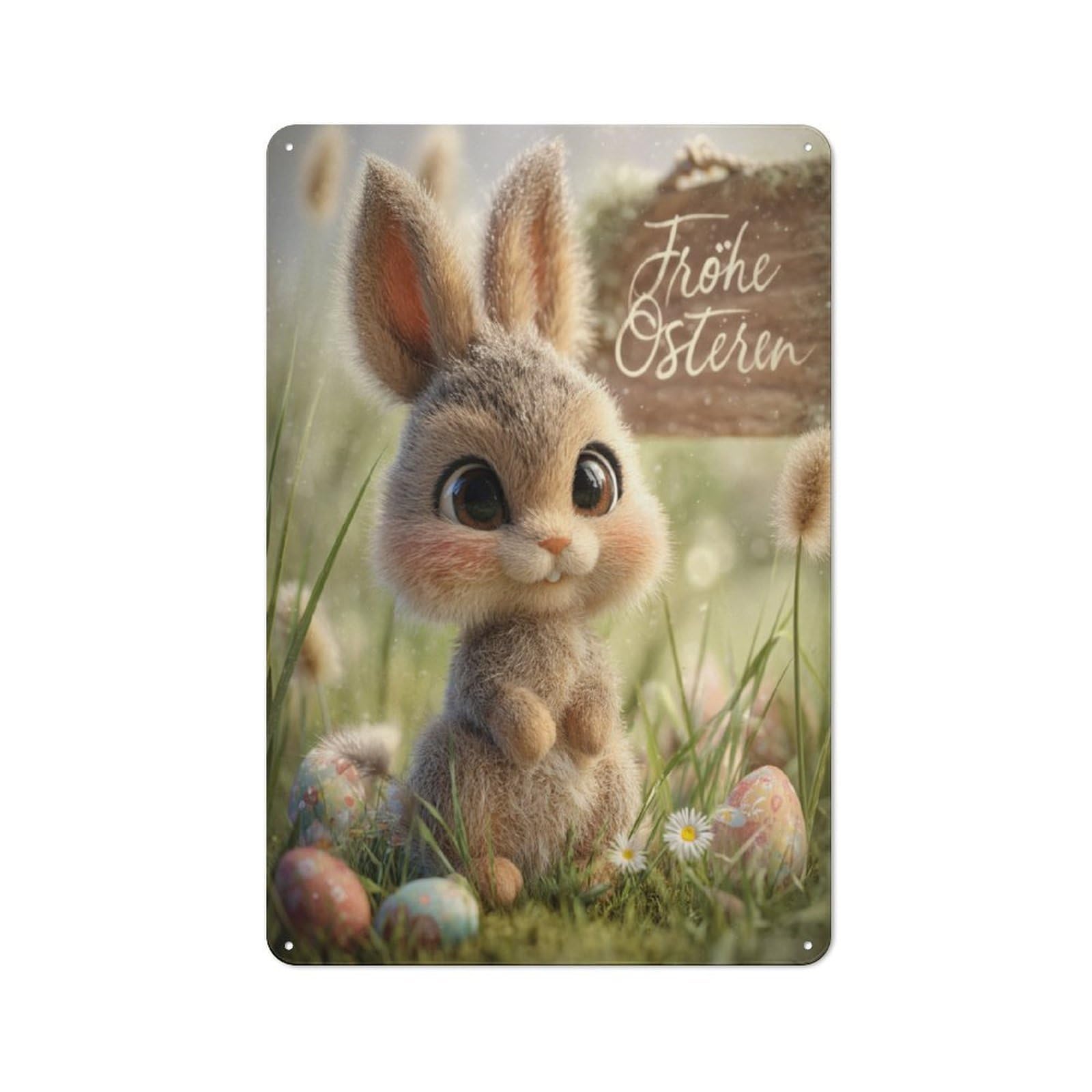 Junmoney Happy Easter Bunny With Eggs Rustic Tin Wall Plaque 30X20cm Featuring For Pub Or Café, A Decorative Christmas Gift For Café Interior Fans