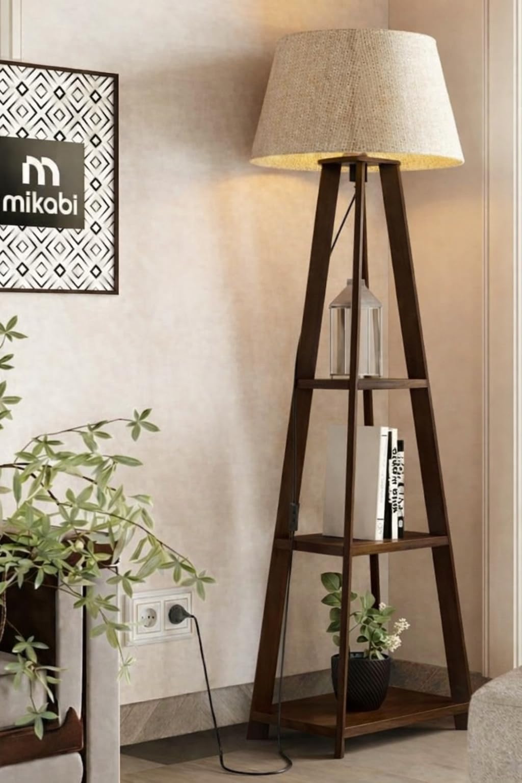 Mikabi Wooden Floor Lamp for Living Room Decoration with LED Bulb | Night Lamp with Plug & Switch | Lamps for Bedroom, Living Room (Mocha Brown)