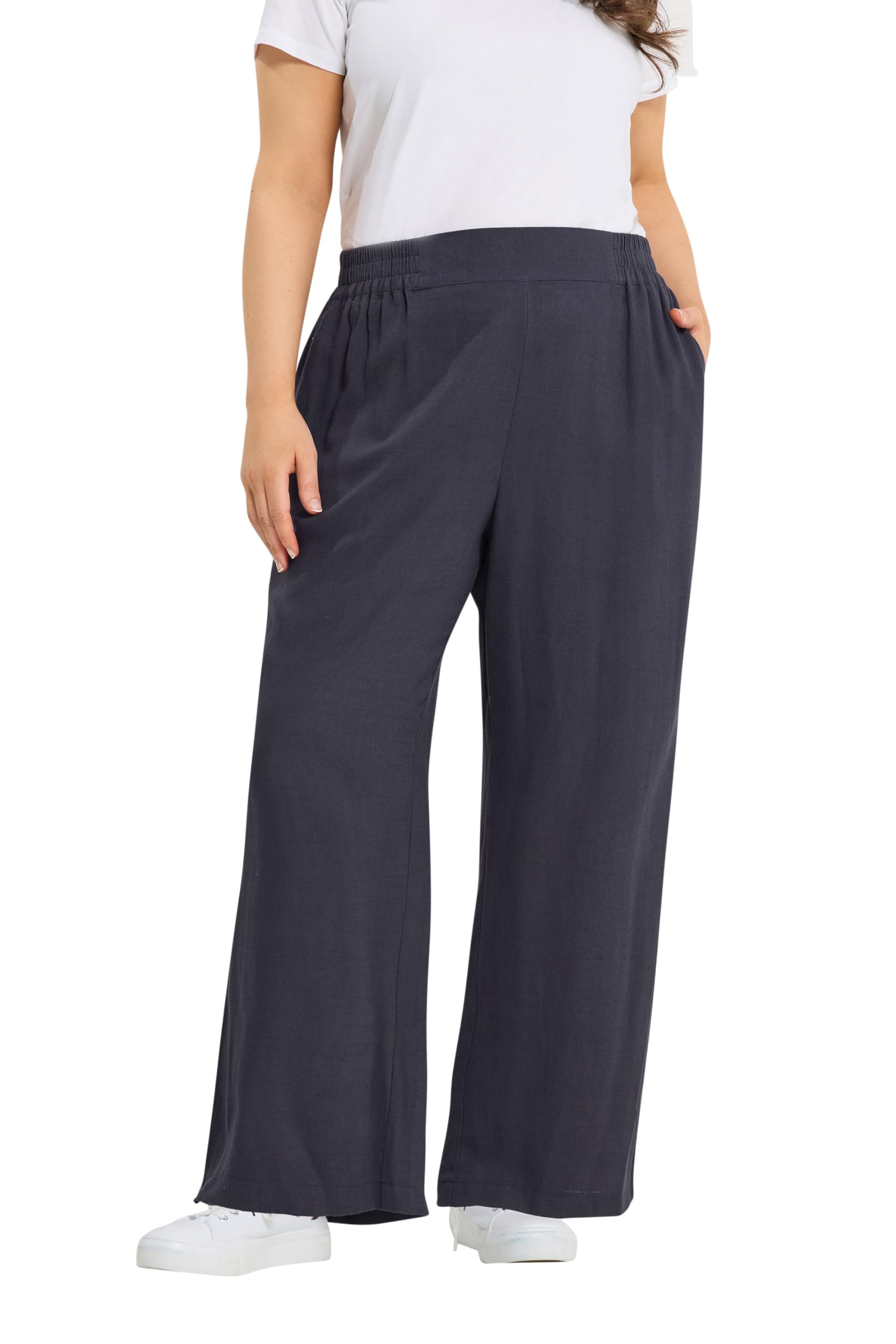 Yours Curve Linen Wide Leg Trousers - Dark Navy - Size 20 - Womens