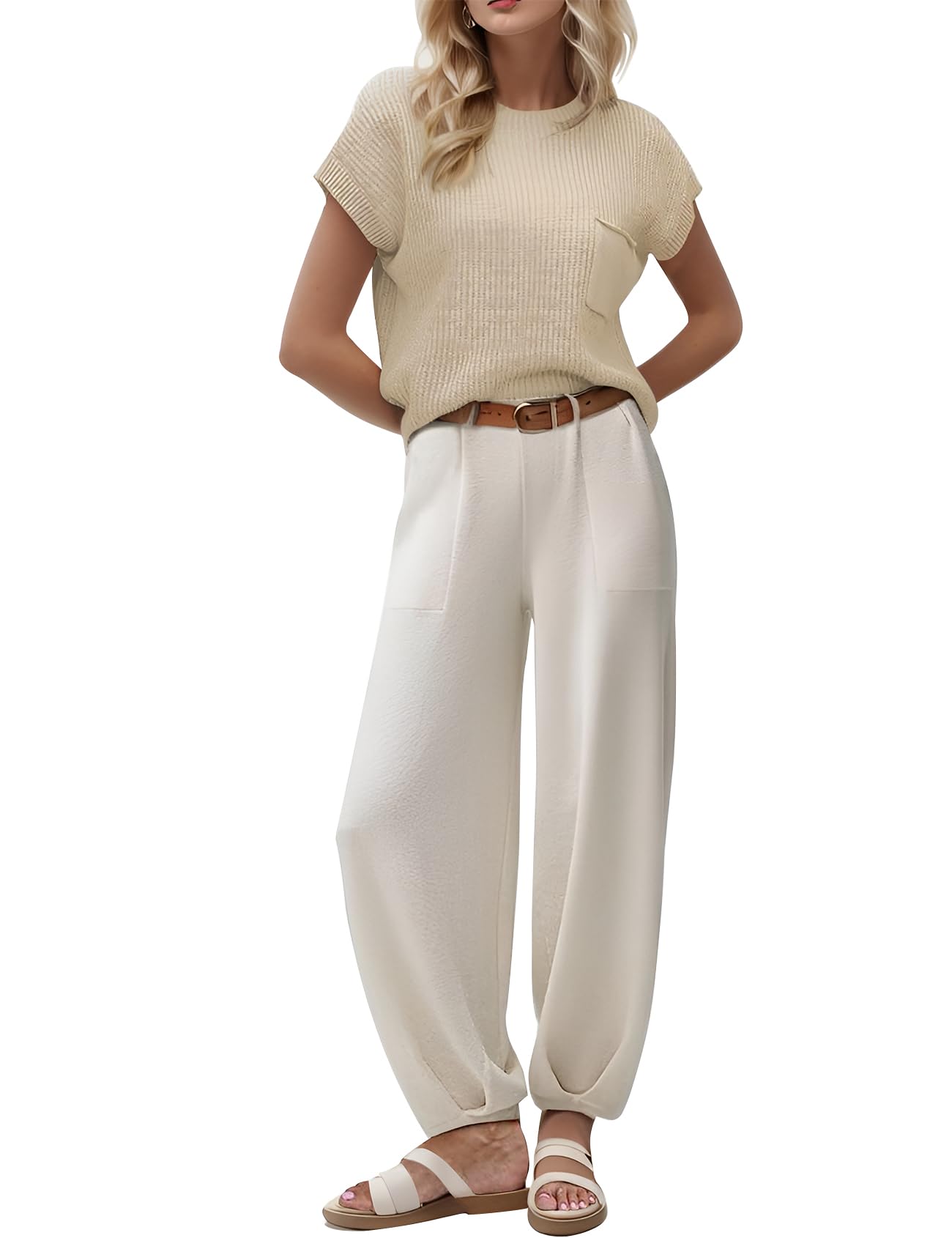 Gihuo Women's 2 Piece Outfits Cozy Knit Pullover Tops High Waisted Pants Sweater Set Lounge Sets with Pockets