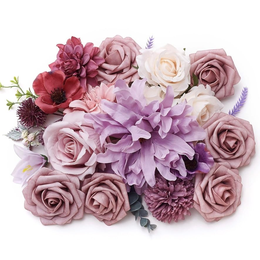 The Baked Studio - Artificial Silk Flower Heads & Foilage For Cake Decorating, Weddings & Crafts (Pink, Cream, Mauve & Lilac)