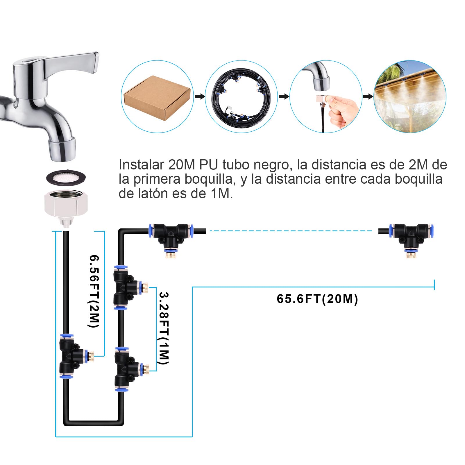 20 M (65.5 pies) Sistema de Refrigeración, AGPtEK 72 PCS Sistema de enfriamiento por nebulización, Sistema por nebulización al aire libre para patio, Jardín, Césped, Invernadero, Sombrillas