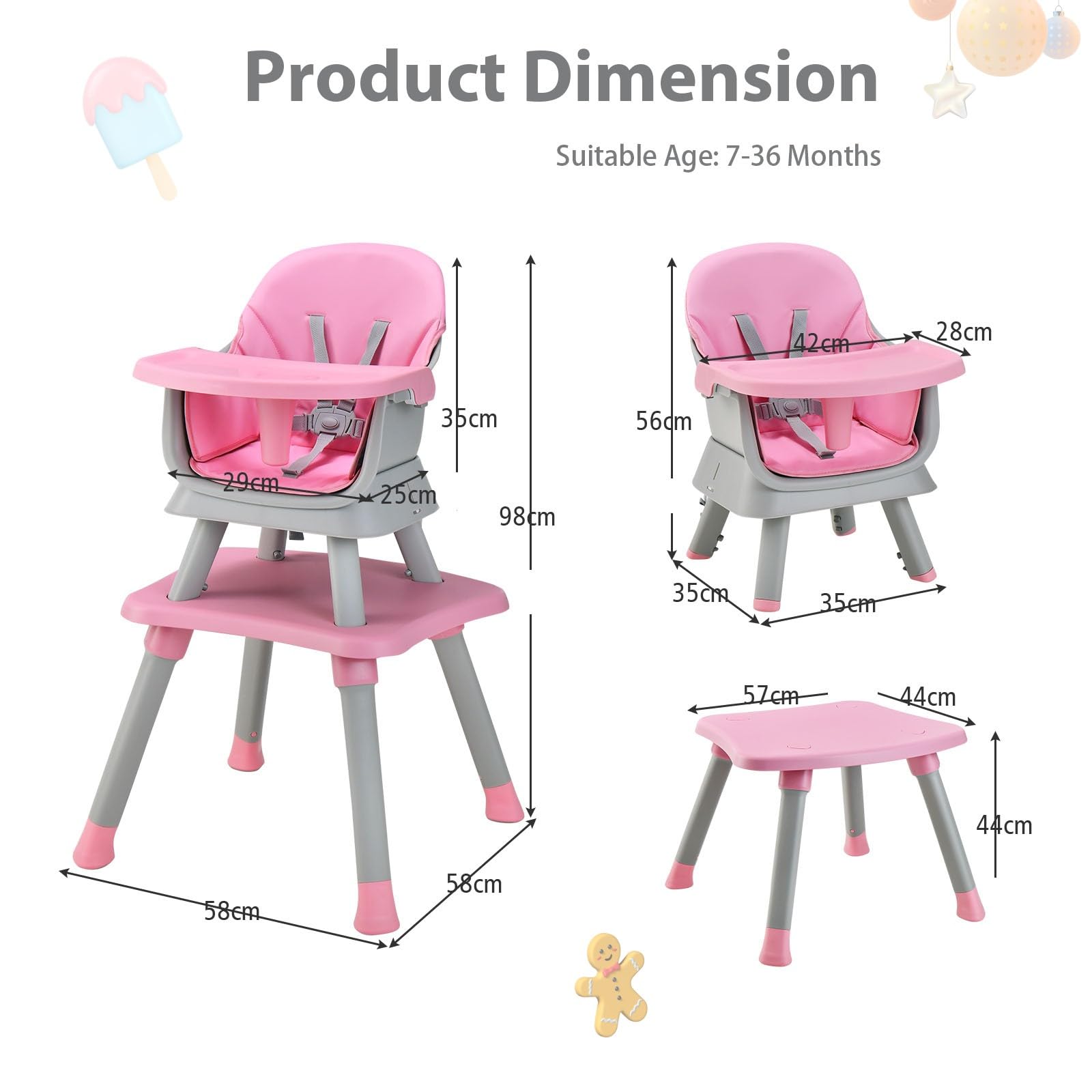 LIFEZEAL Seggiolone per Bambini, in PP, Portata 25 kg, Sedia per Bambini con Vassoio e Rivestimento in Tessuto Rimovibile, Seggiolone Combinato con Cintura di Sicurezza, 7-36 Mesi (rosa)