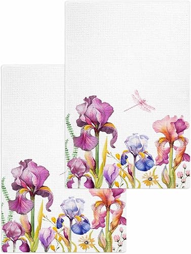 Juego de 2 toallas de cocina de tejido de punto gofre de algodón, diseño floral morado, libélula de Pascua, primavera, 16 x 24 pulgadas,