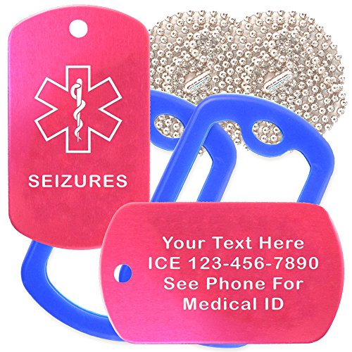 Goods For Giving Custom 2 Pack - Seizures Medical Alert ID Necklaces with Pink Hot Custom Tags, Blue Silencers, and 30'' USA Chains
