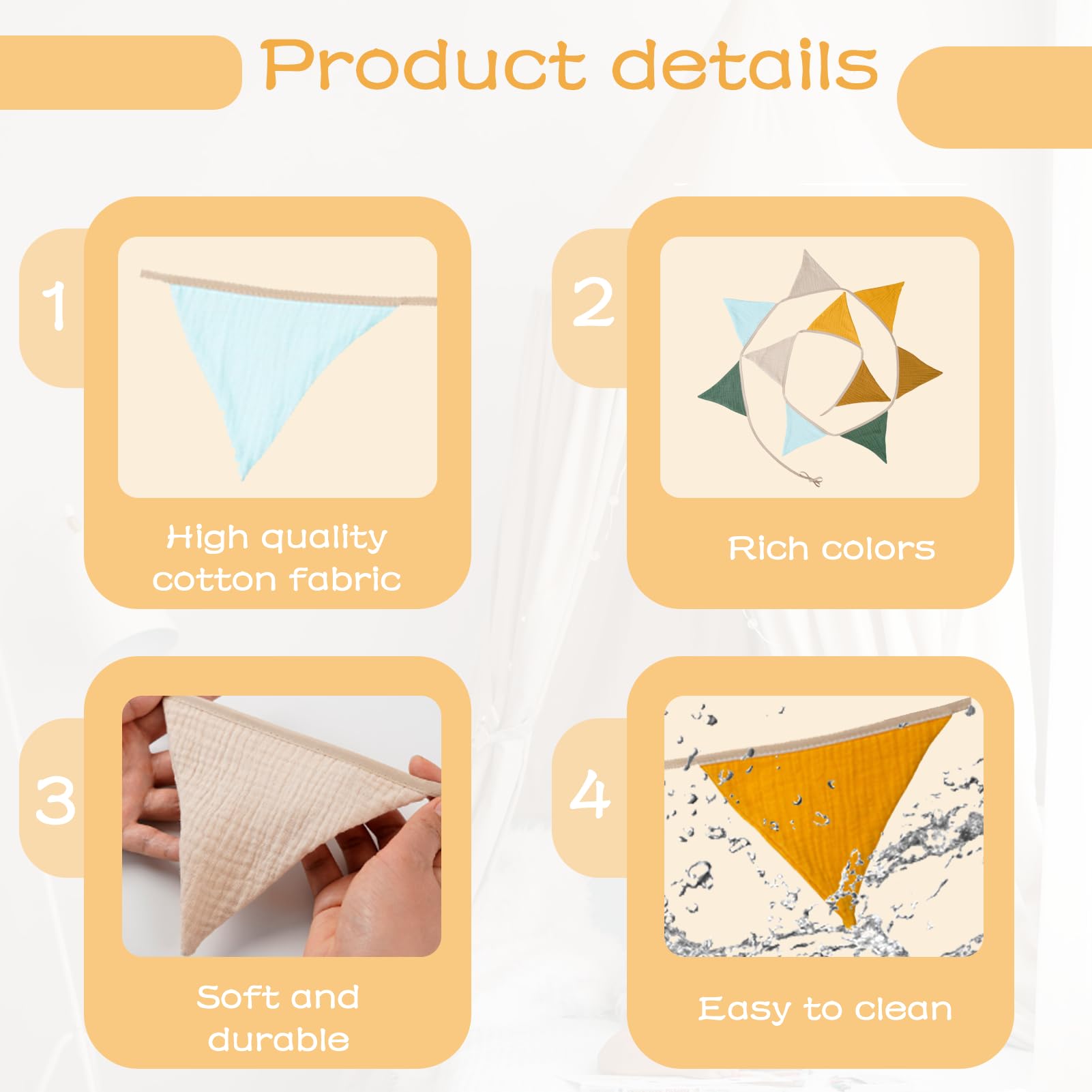 Bandierine Decorazione Cameretta Bambini - Mussola Cotone, 2.6 M, 10 Pezzi, Triangoli Colorati - Foto 12