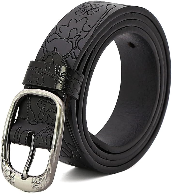 Classic Women Genuine Leather Belt Vintage Plum Buckle Needle Carving BP007