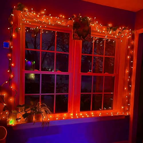 Miniatura 8 de YEGUO Paquete de 8 luces solares moradas y naranjas para exteriores, impermeables, cada cadena de 100 luces LED solares de 33 pies, 8 modos de luces