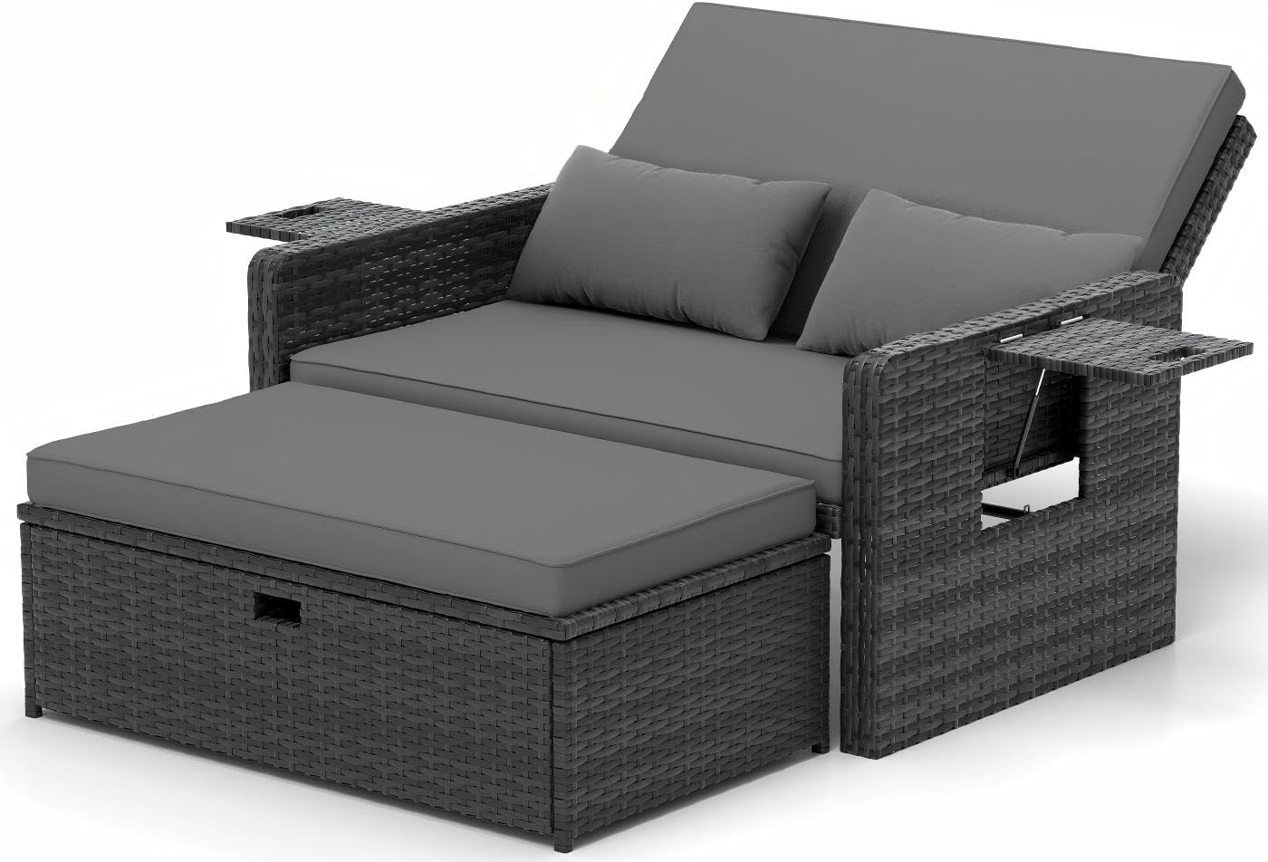 UDPATIO Garden Patio Rattan Daybed, Rattan Bed Sun Lounger with Storage Ottoman & Retractable Side Tray,5-Level Adjustable Backrest,Seat & Back Cushion Included, Grey-Mottled & Grey Cushions Covers