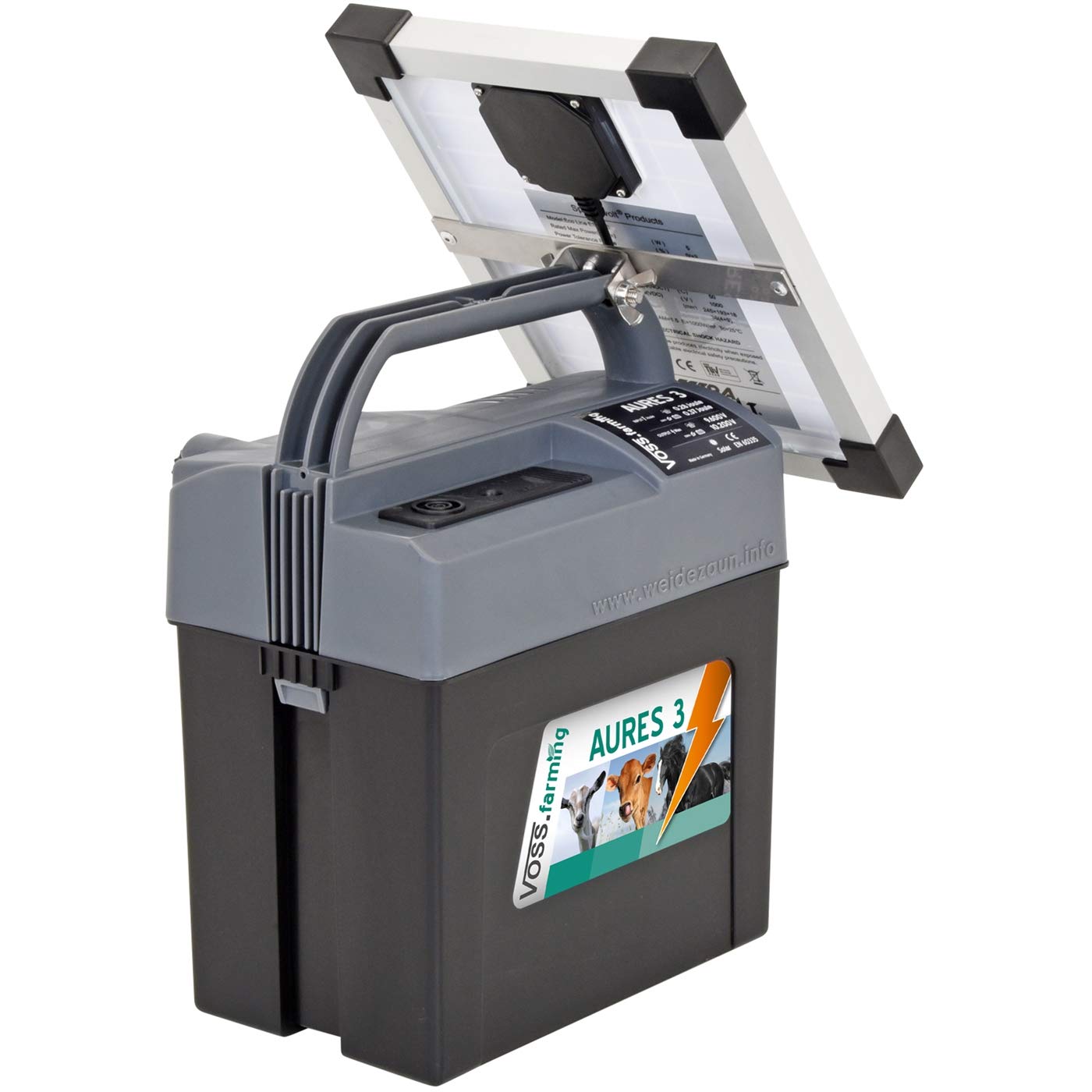 Voss.Farming Aures 3 Solarset Komplettset Weidezaungerät inkl. Solar, 9V 12V Anschluss sowie Batterie und Zubehör für Ihren Elektrozaun, Weidezaun