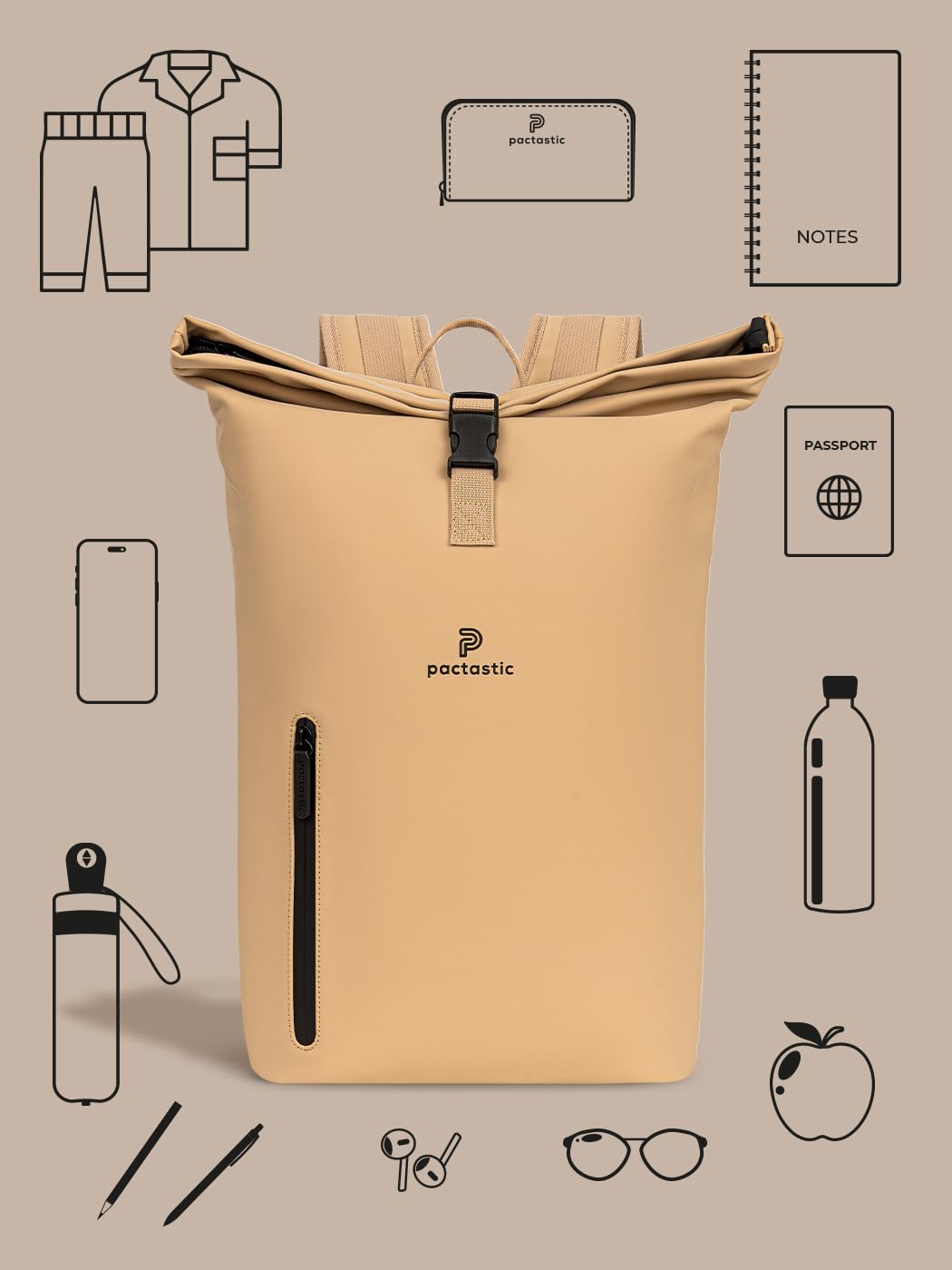Pactastic großer Rolltop Rucksack mit Tragegriff | 660 Gramm leichter Rucksack aus wasserabweisendem veganem Tech-Material | 36 x 15 x 45 cm mit integriertem Schlüsselanhänger und Laptopfach