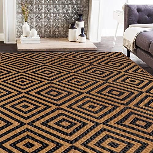 Ridota Reversible Mats, Outdoor Patio Rugs, Plastic Straw Rug, Modern Area Rug, Floor Mat for Outdoors, RV, Patio, Backyard, Deck, Picnic, Beach, Trailer, Camping (Diamond Black & Brown, 4' x 6')
