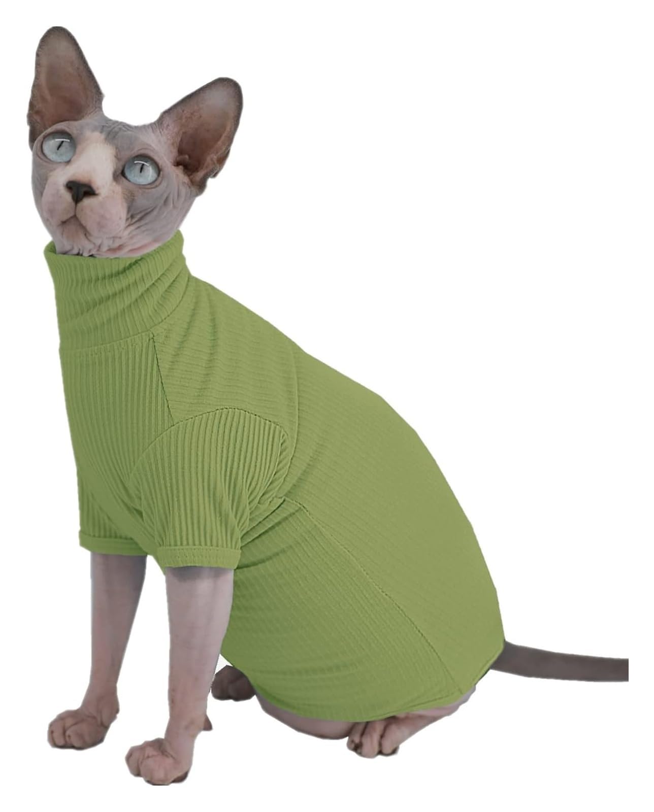 Fbhappiness Green Yellow Cat Clothes Hairless Cat Clothes Cats Shirt Cat Turtleneck Cotton Sweater Pullover Kitten T-Shirts With Sleeves Cat Pajamas Jumpsuit For Cornish Rex, Devon Rex, Peterbald (