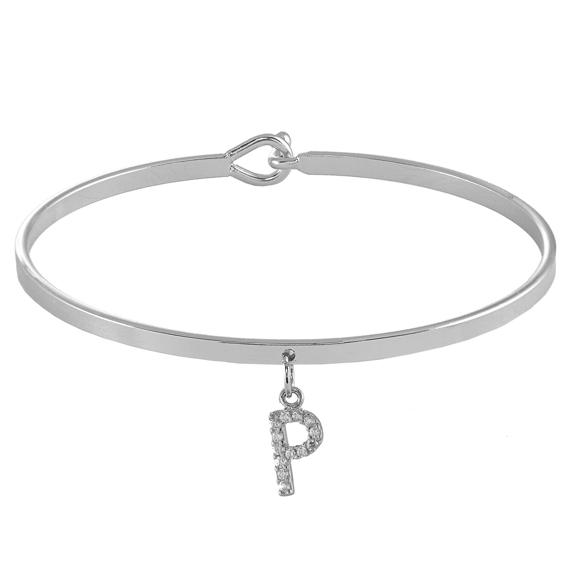 Spinningdaisy Dangling Crystal Initial Charm Cuff Bracelet (P Silver)