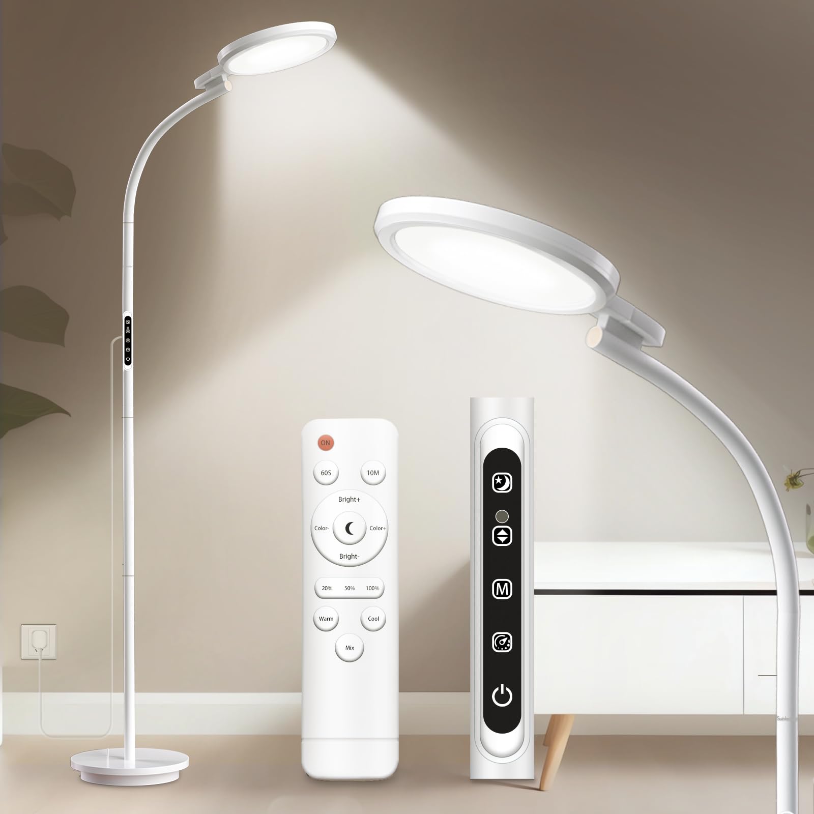 Hottoerak Tageslichtlampe Stehlampe, UV-freie 10000 Lux LED Lichttherapielampe mit Fernbedienung, 5 Lichtfarben & 5 Helligkeitsstufen & Timer, Sonnenlicht Lampe für Büro/Haus/Lesen