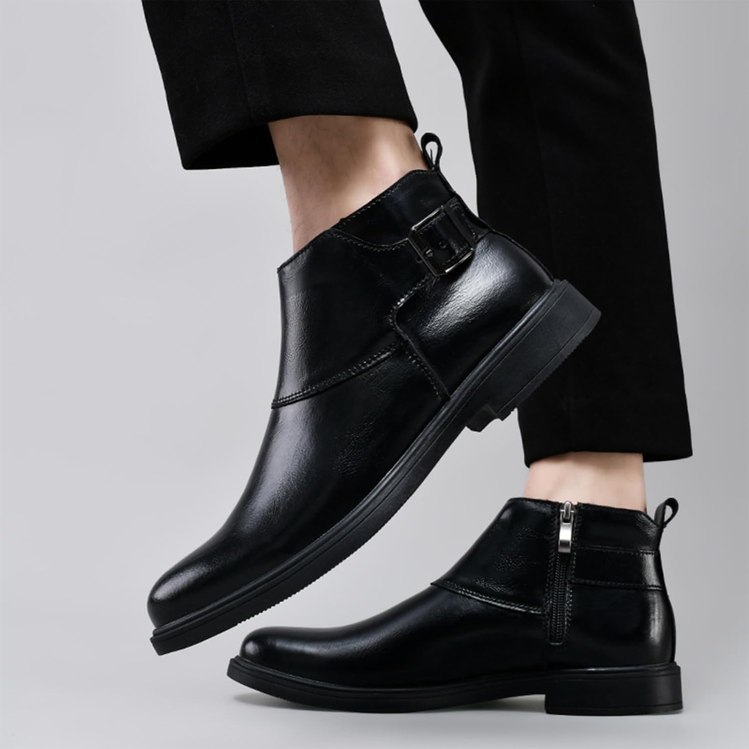 Men's Genuine Leather Pointed Toe Dress Chelsea Boots Adjustable Buckle Inner Zipper Ankle Boots Casual Formal Business Booties - Image 6