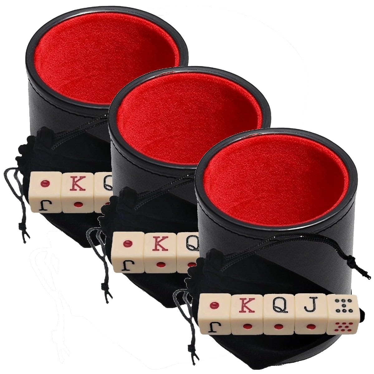 Cyber-Deals Würfelbecher aus schwarzem PU-Leder mit rotem Filzfutter und spanischen Poker-Würfeln in Aufbewahrungstasche, Set (3 Sets)