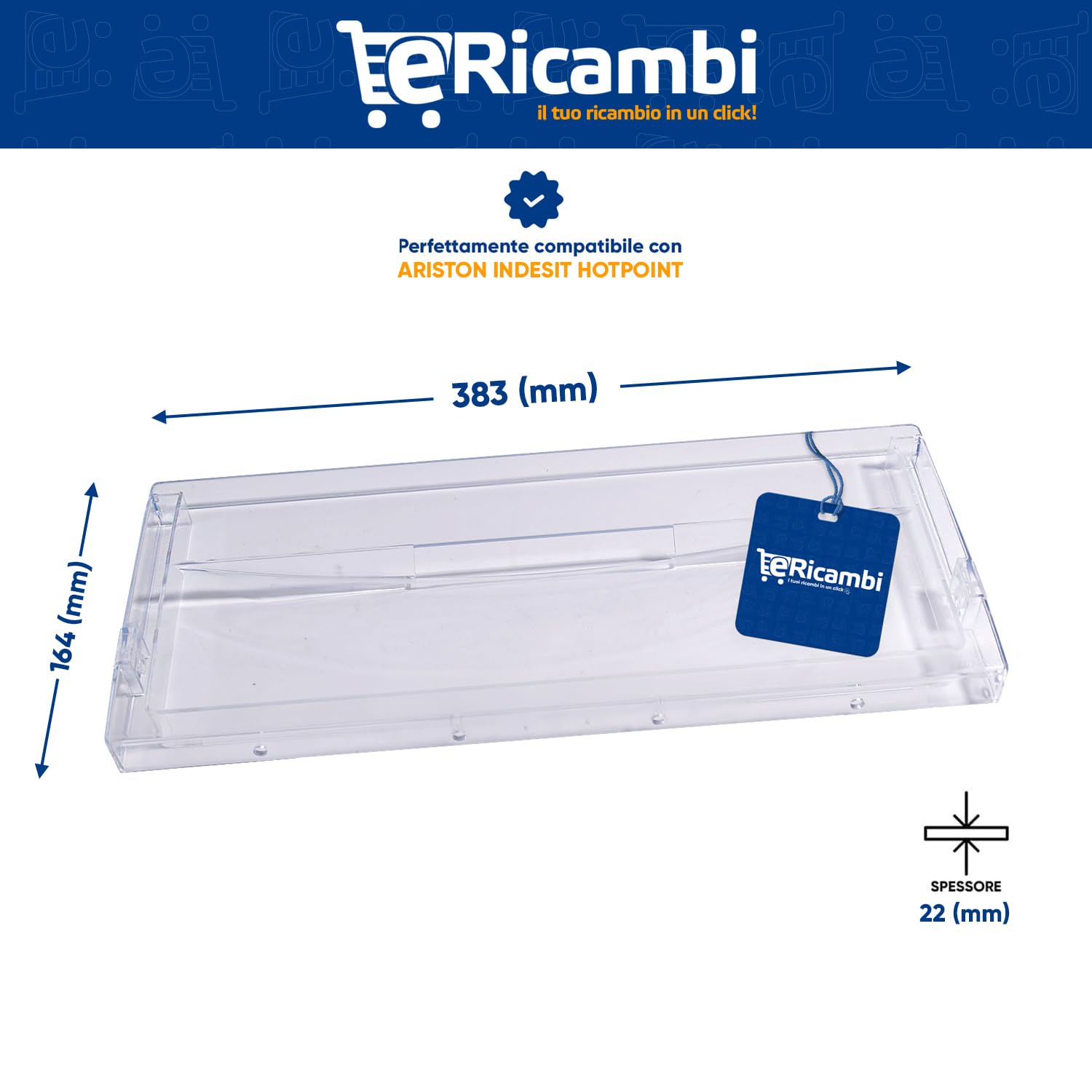 ERICAMBI®, Sportello Frontale Freezer Congelatore Frigorifero, Compatibile con Ariston Indesit, Dimensioni: 383x164x22 (mm) per Modelli: BCB BCF BCH HMB Trasparente Crystal
