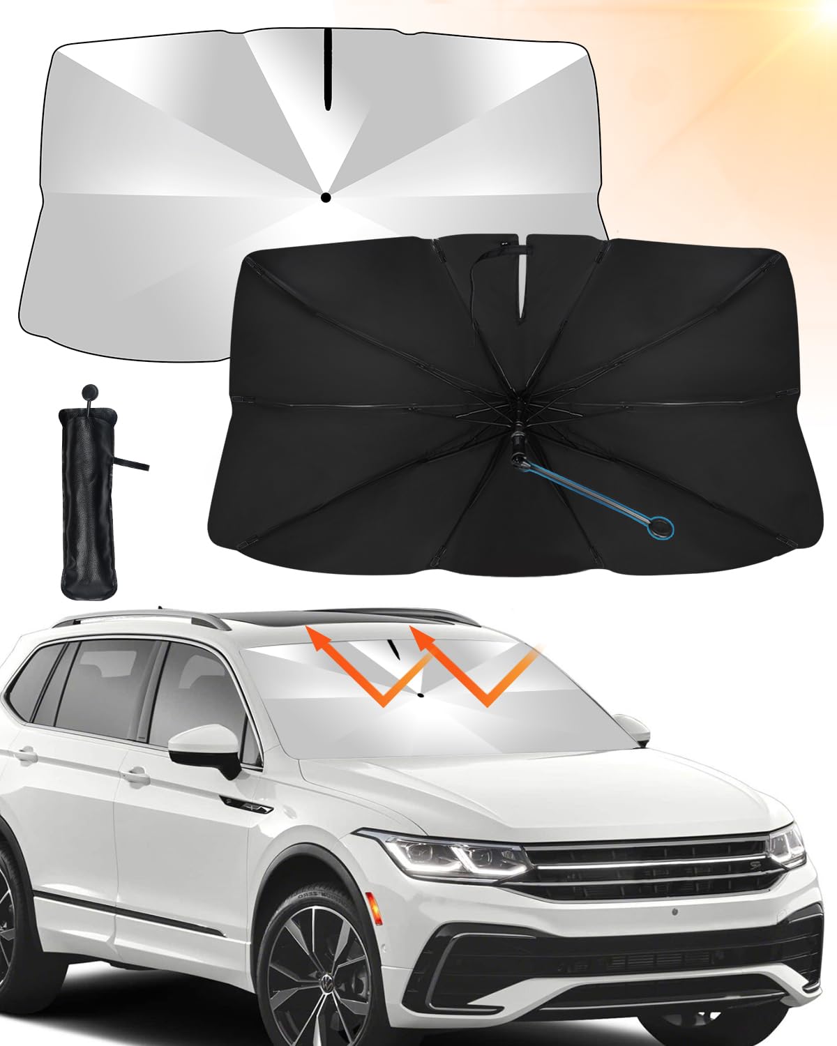 GEEKEO Parasol para Parabrisas de Coche, Rotación de 360° Parasol Paraguas Coche Plegable Parasol Delantero para Coche Resistir Rayos UV para Mayoría de Coches, SUV, Camiones (L(140 * 78 CM))