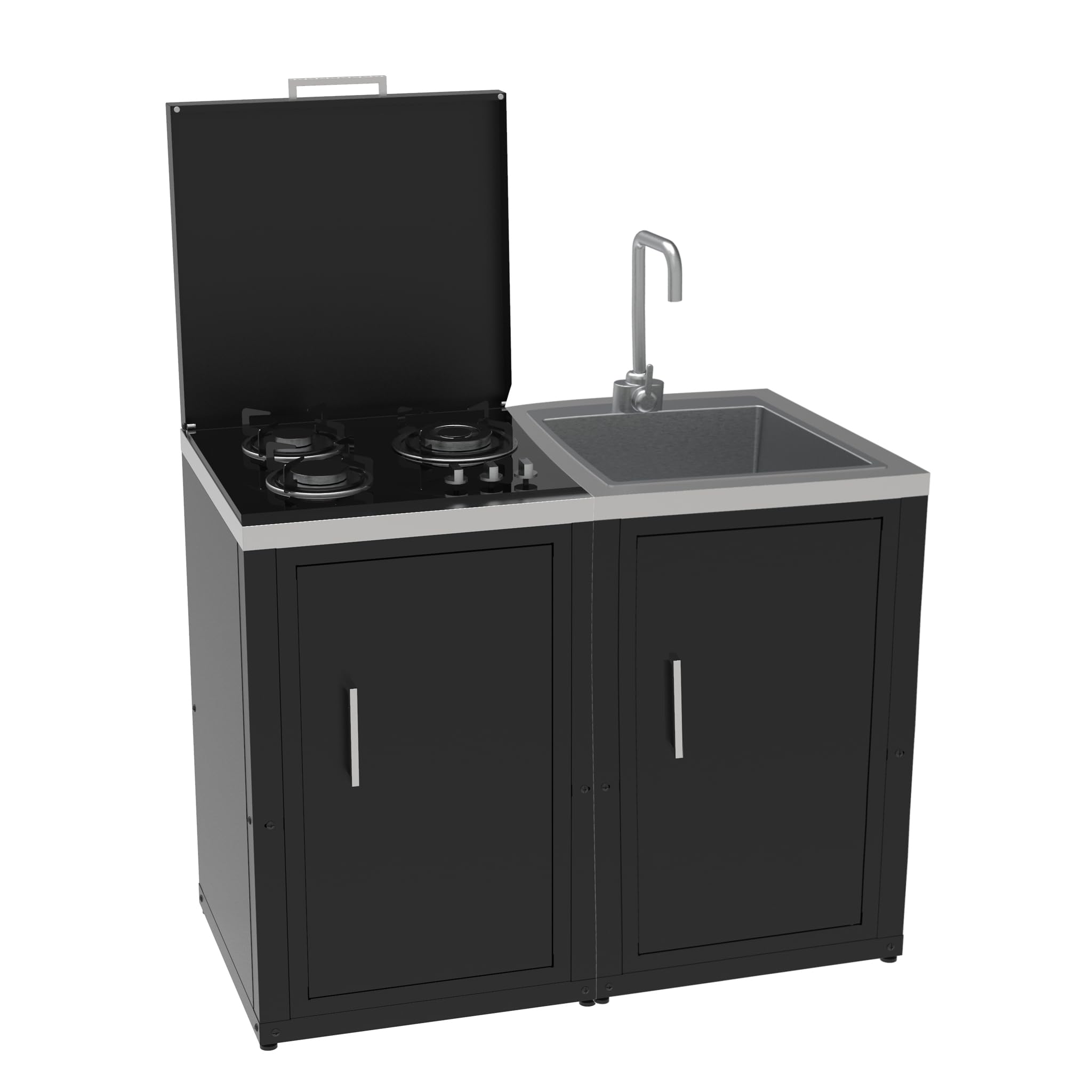 Set Cucina da Esterno a Gas 2 Elementi con Lavello Rubinetto e tagliere incassato - Struttura in Acciaio e Piano in Acciaio Inox - Nero