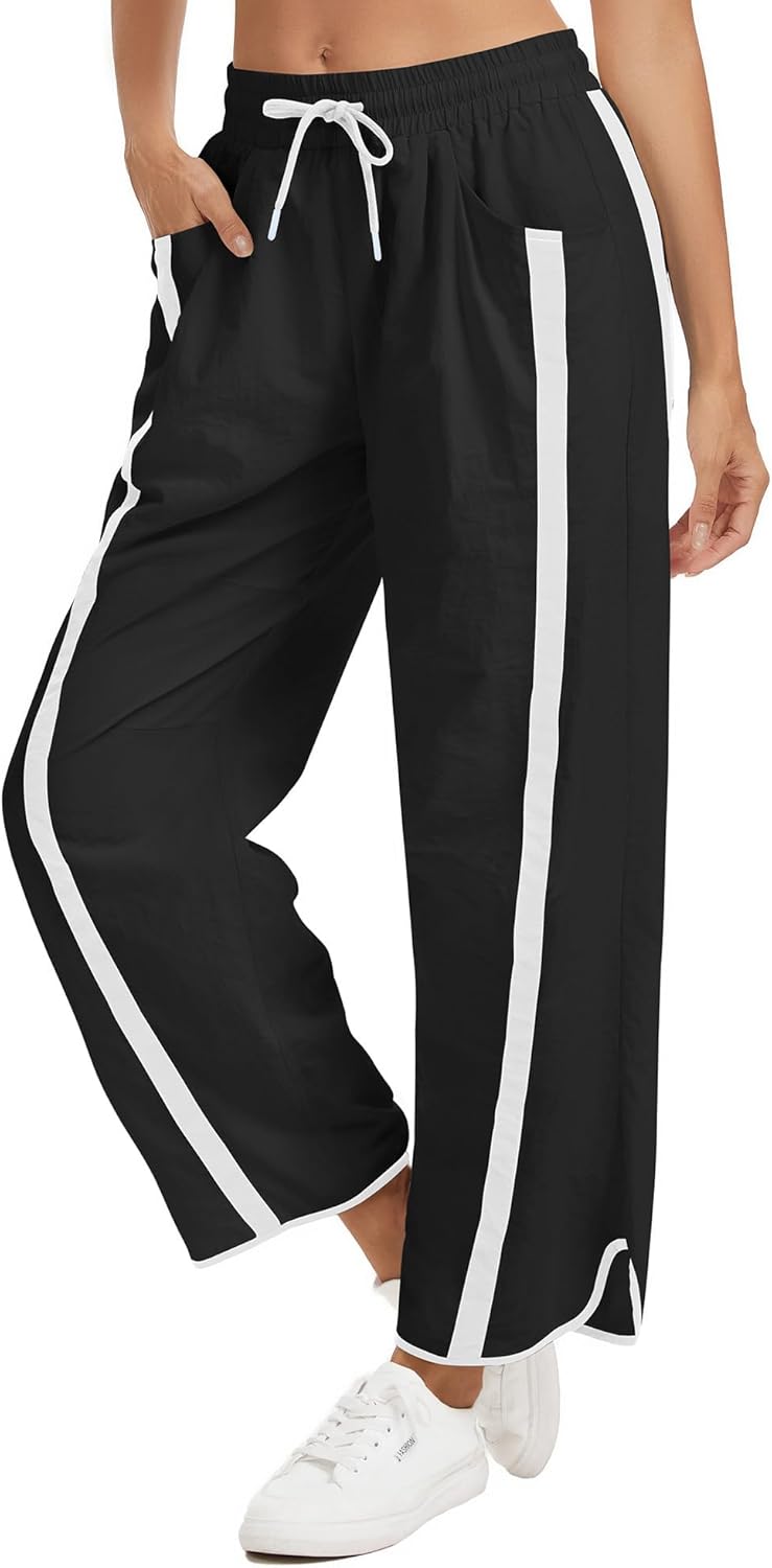 Women's Wide Leg Track Pants Baggy Drawstring High Rise Side Striped Casual Lightweight Parachute Pants with Pockets