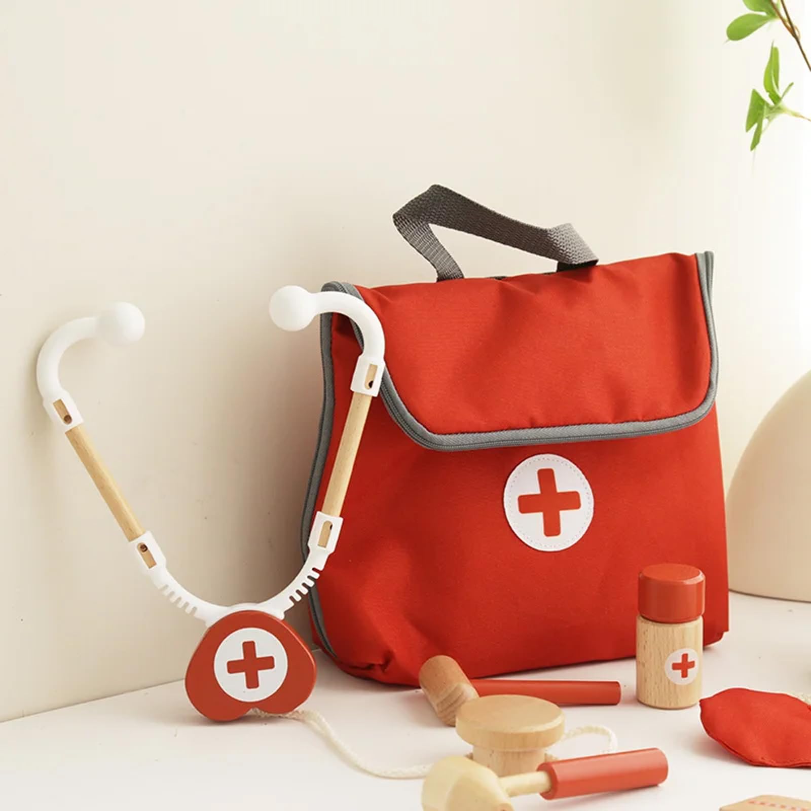 Set medico rosso in legno di simulazione kit educativo di simulazione medica con valigetta medica per gioco di ruolo e sviluppo dell'apprendimento precoce