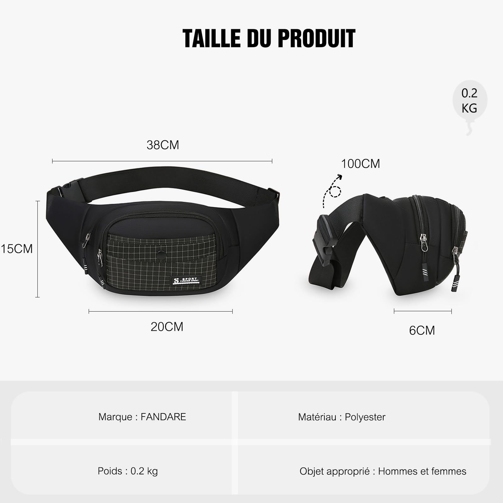FANDARE Grand Sacs bananes ville Ceinture de Course Femme Homme, Sacoche à Poitrine 3 Poches zippées, avec Sangle Réglable Sac Bandoulière pour Cyclisme, randonnée,Jogging,Voyages,l'extérieur