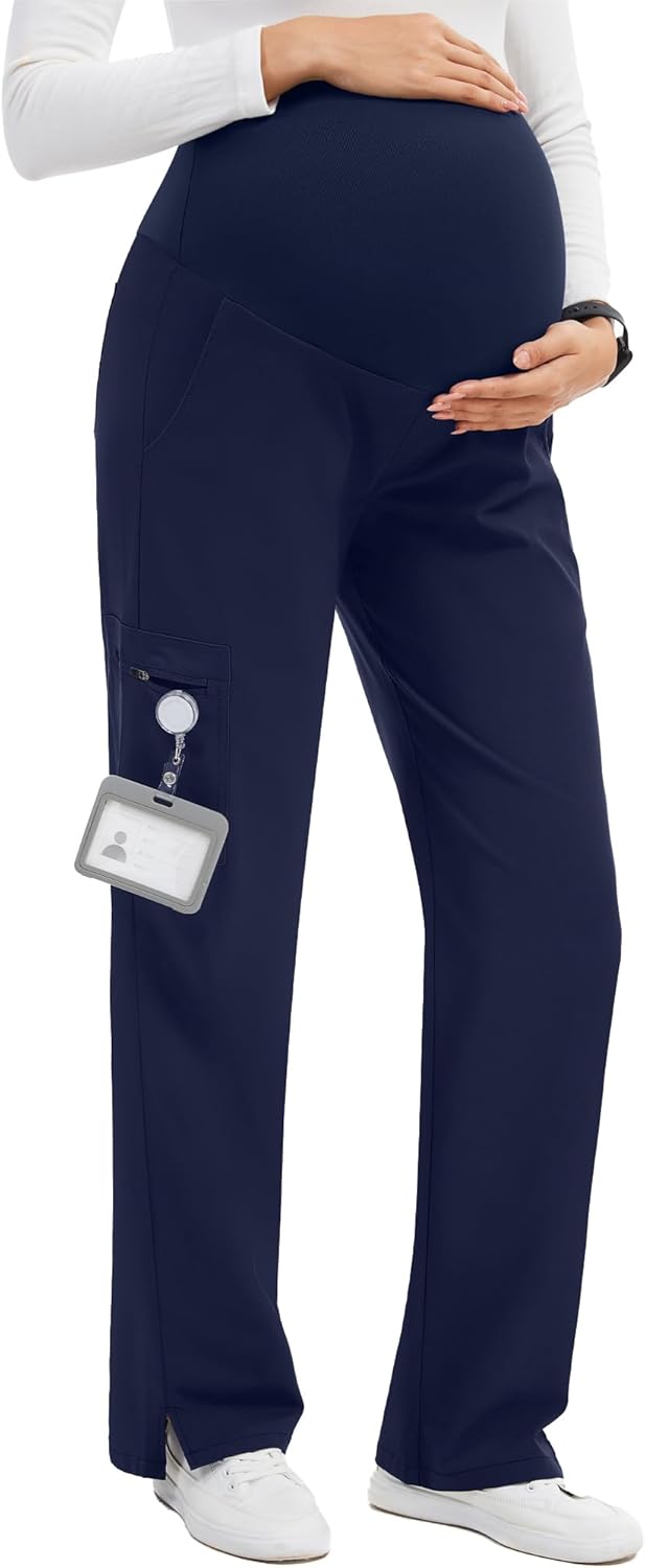 GLAMIX Women's Maternity Scrub Pants Stretchy Straight-Leg Medical Pants with 5 Pockets and Side Vents