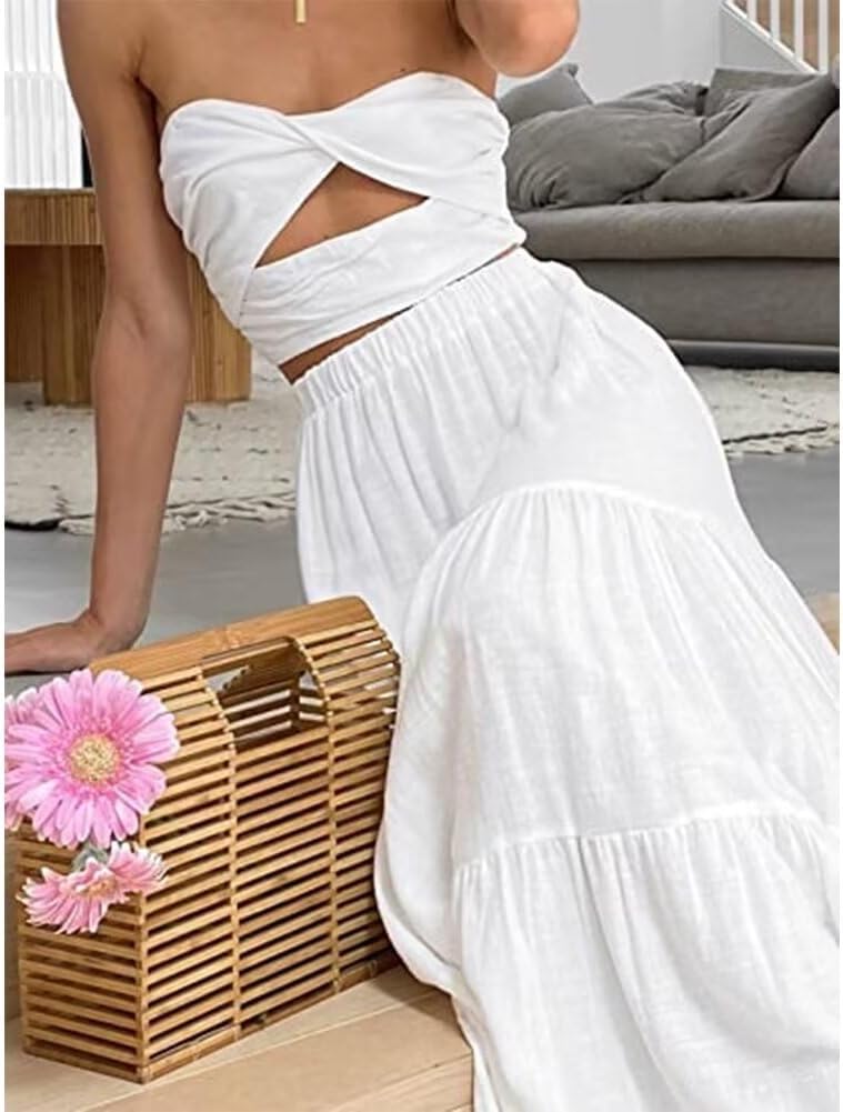 Summer Boho Skirts for Women High Waist Tiered Maxi Skirt Long Flowy Beach Skirt with Pocket White L - Image 6