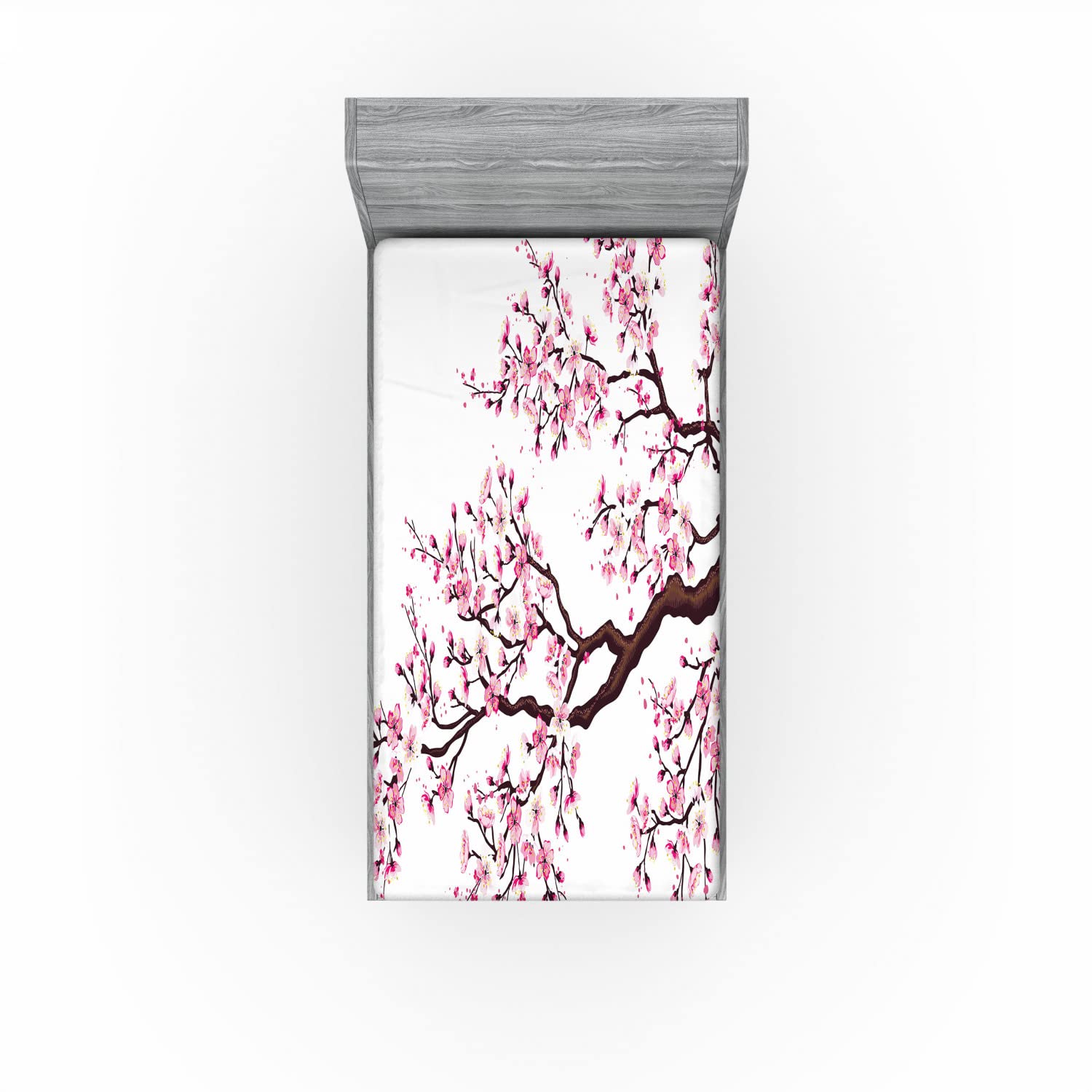 Ambesonne Japanese 2 Pack Fitted Sheet, Sakura Branch Blossoms, Bed Cover All-Round Elastic Deep Pockets 2 Pieces, Package Contains 2 Twin Size Fitted Sheets, Pink Brown