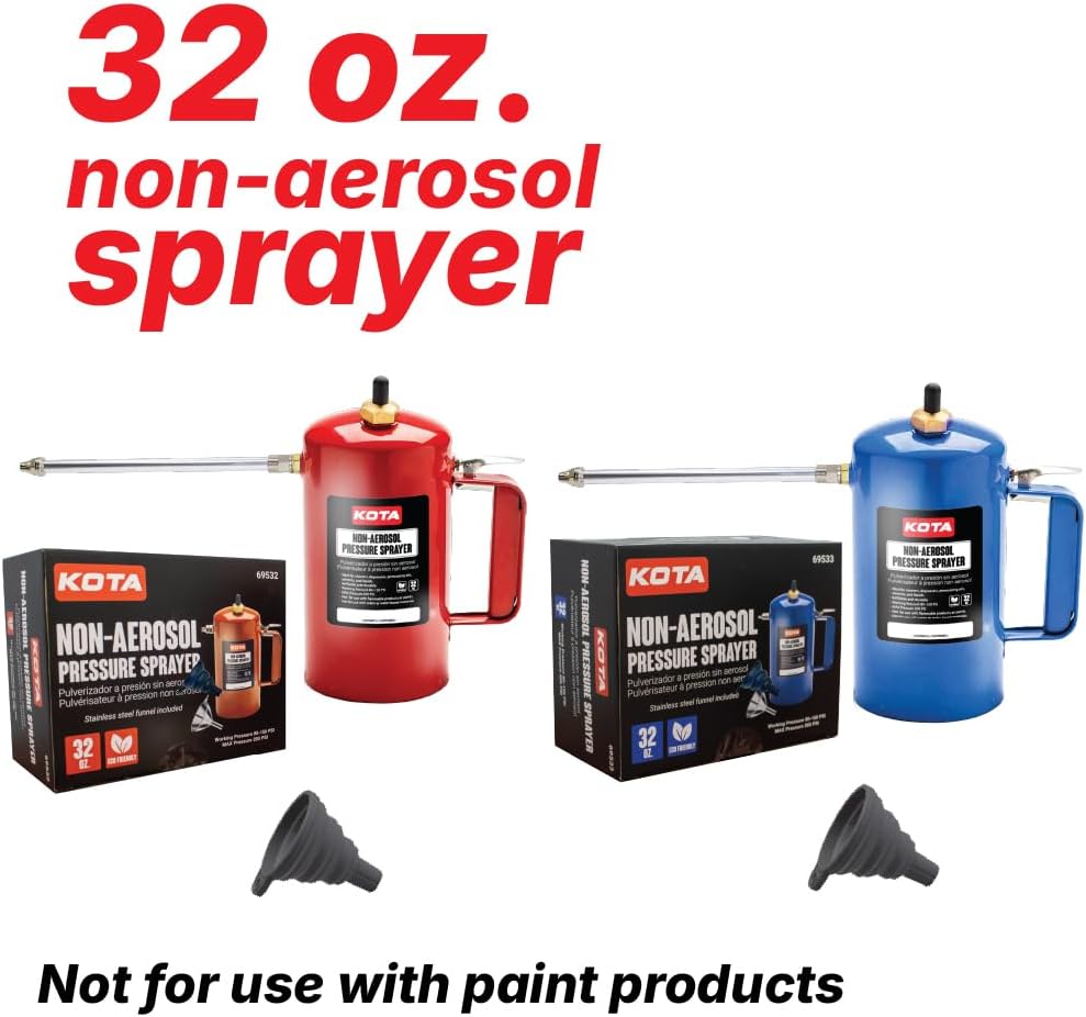 LAUCO Non Aerosol Pressure Sprayer with Funnel and Extension, Refillable Pressurized Sprayer Bottle for Oil, Solvent, Degreasers, Lubricants - Rechargeable Steel Canister and Brass Nozzles, 32oz 69532
