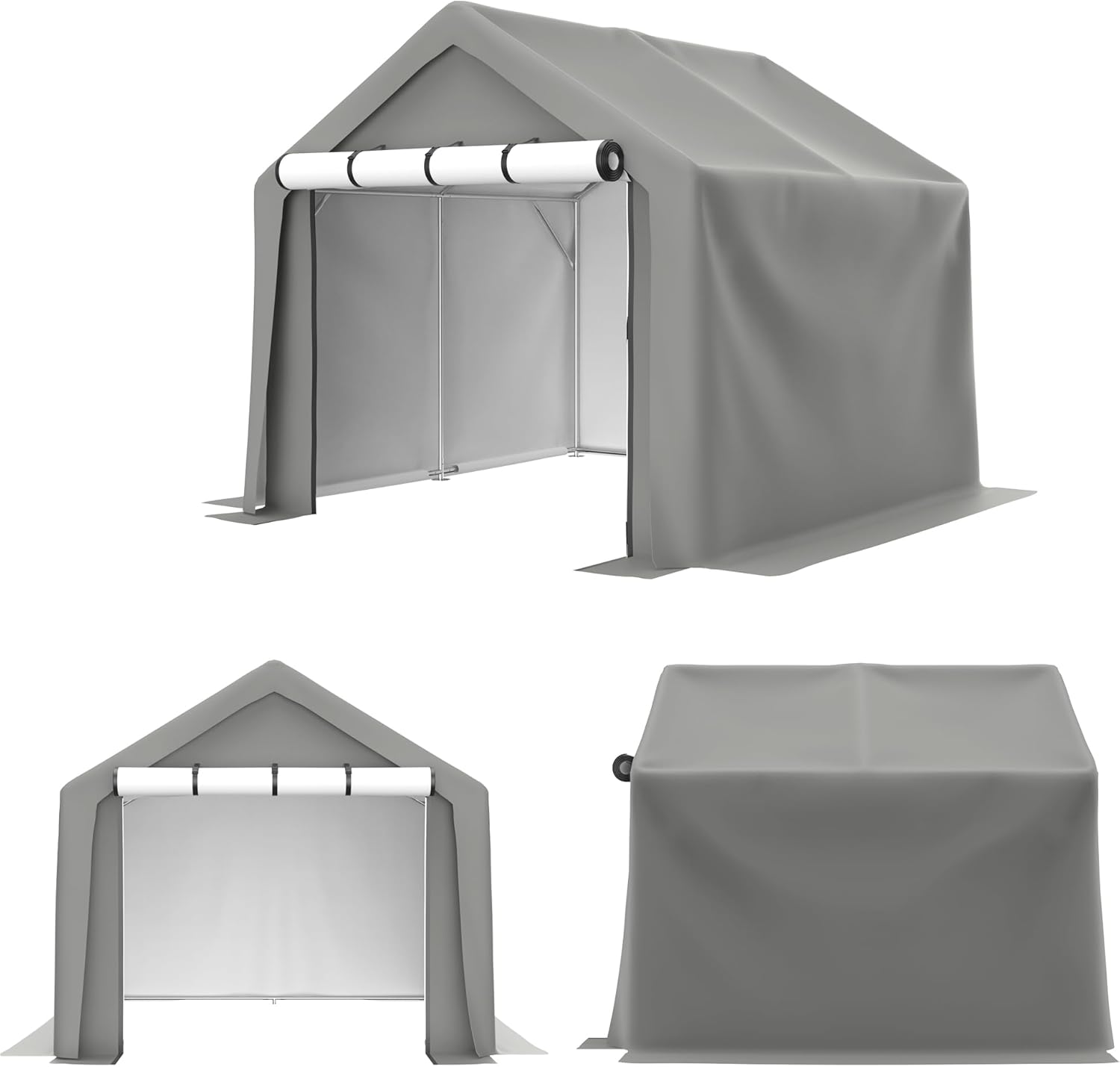 Multiple views of the Thanaddo 8x8 ft storage shed, showing the canopy cover draped over the frame