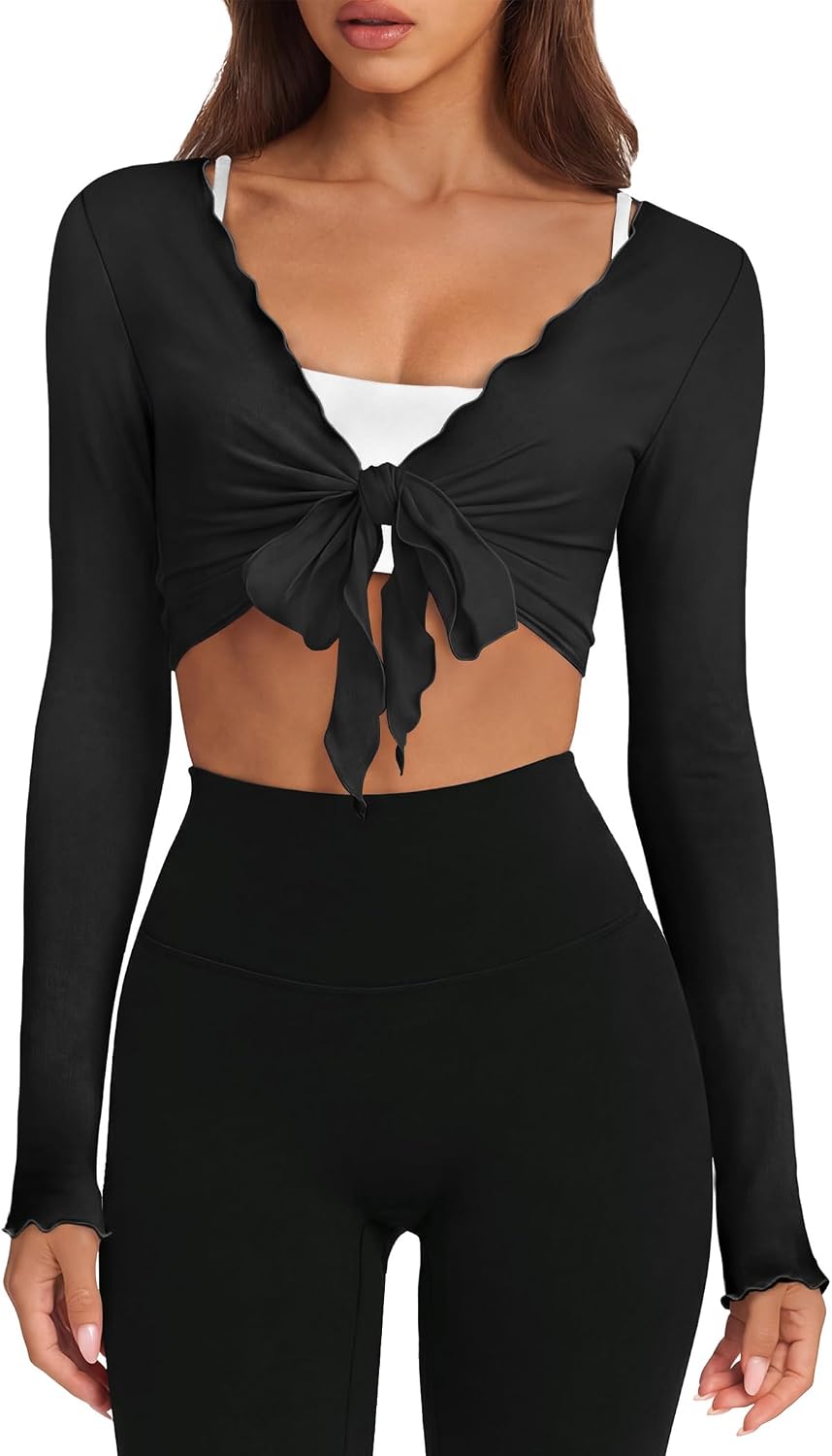 Womens Workout Tops Pilates Outfits for Women Long Sleeve Shirts Ballet Cover Ups Tie Front Wrap Tops Gym Sets