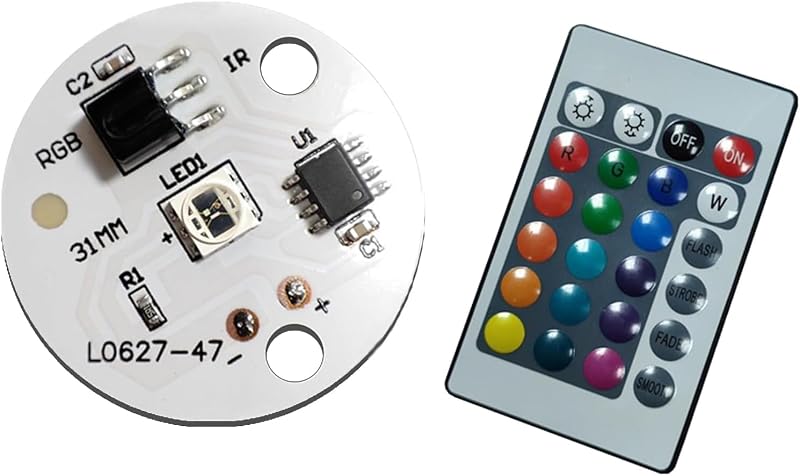 1Pcs 3W 5V High-Power LED Rainbow Gradient RGB Chip with Remote Control, Aluminum Plate Circular PCB Base Heat Sink SMD COB (120deg 31MM Dia) Suitable for DIY Lighting or Night Lights