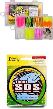Trout Magnet 82 Piece Neon Fishing Kit, Catches All Types of Fish, Includes 70 Grub Bodies and 12 Si & Lelands Lures S.O.S. Fishing Line, Fishing Equipment and Accesories, 350 yd, 4 lb Test