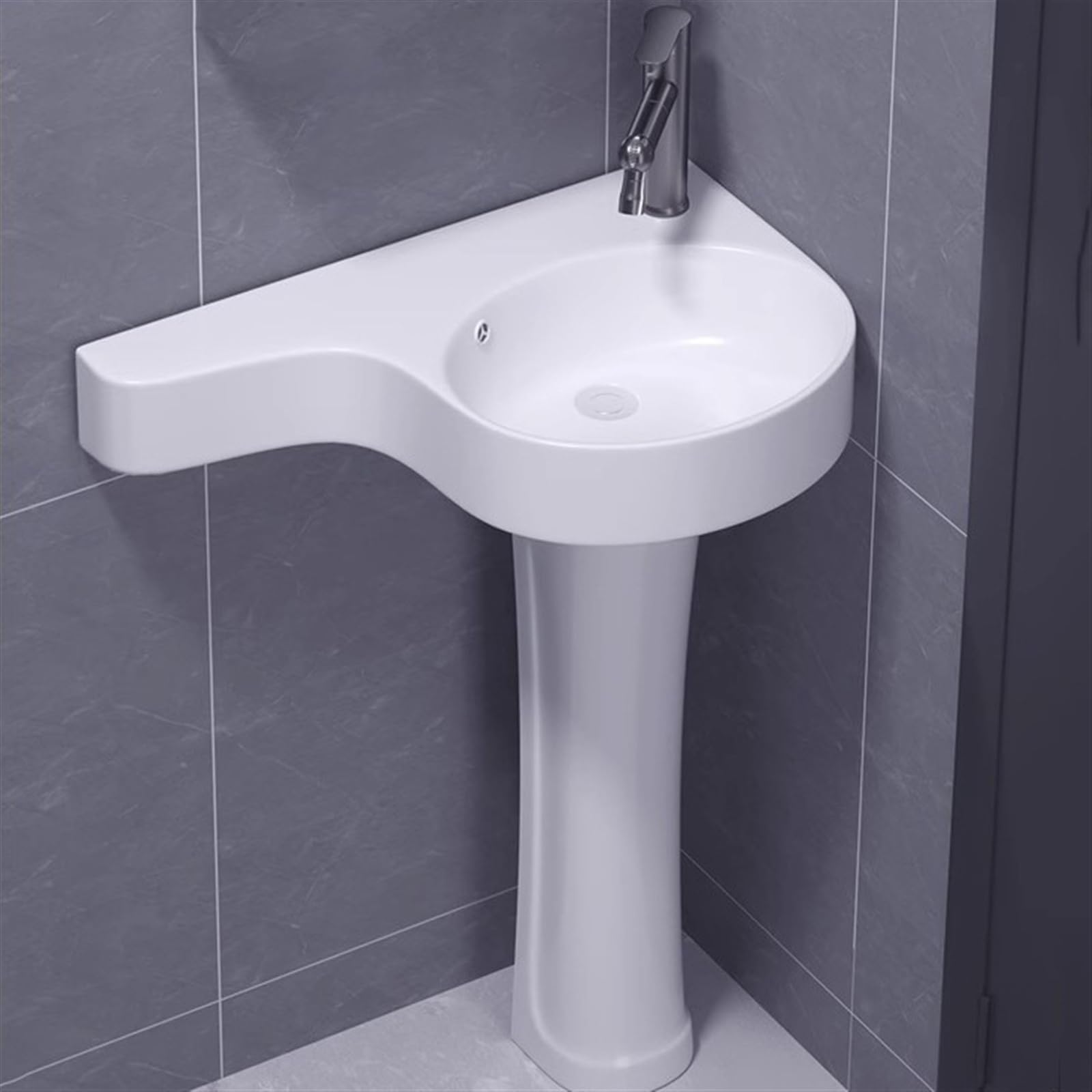 Lavabo del baño Fregadero de cerámica for pie con rebosadero, Grifo y desagüe(Right)